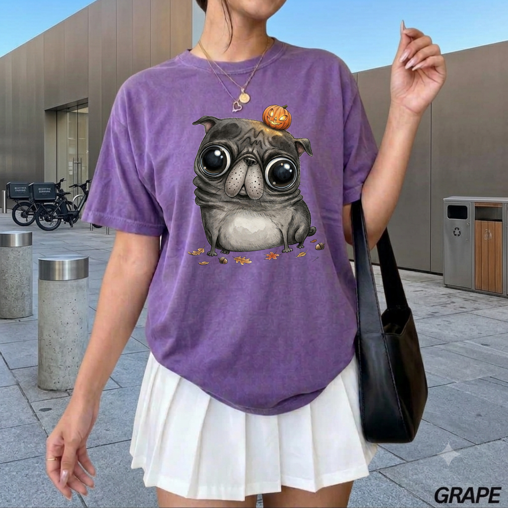 Comfort Colors® Cute Halloween Pug T-Shirt, Spooky Season Pug Puppy Tee, Big Eyes Pugkin Shirt, Pug Lover Gift