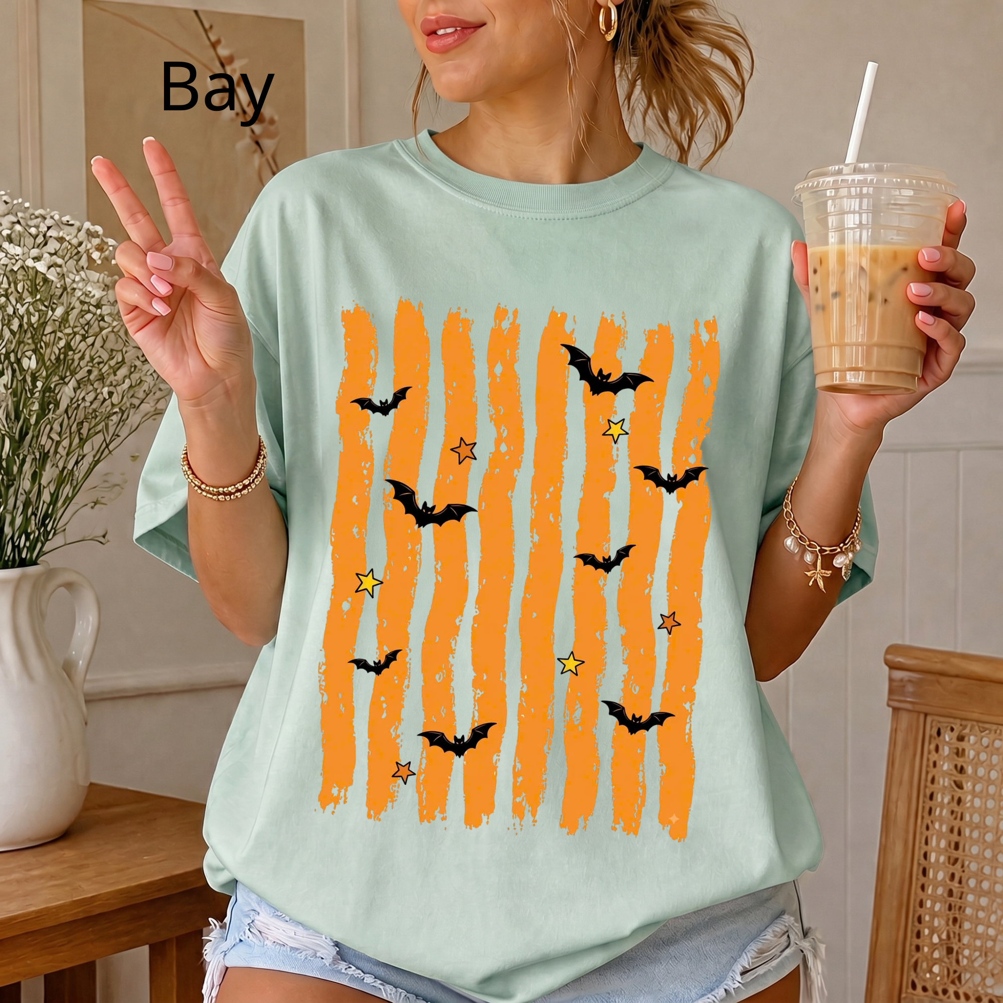 Spooky Season Halloween Shirt, Retro Orange Stripes and Bats Tee, Cute Spooky Vibe Comfort Colors Style T-Shirt
