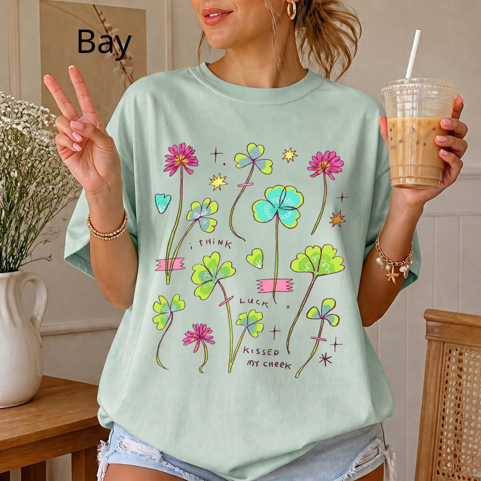 Lucky Clover Graphic Tee, Pastel Wildflower T-Shirt, Cute Aesthetic Four Leaf Clover Shirt, Retro Indie Apparel