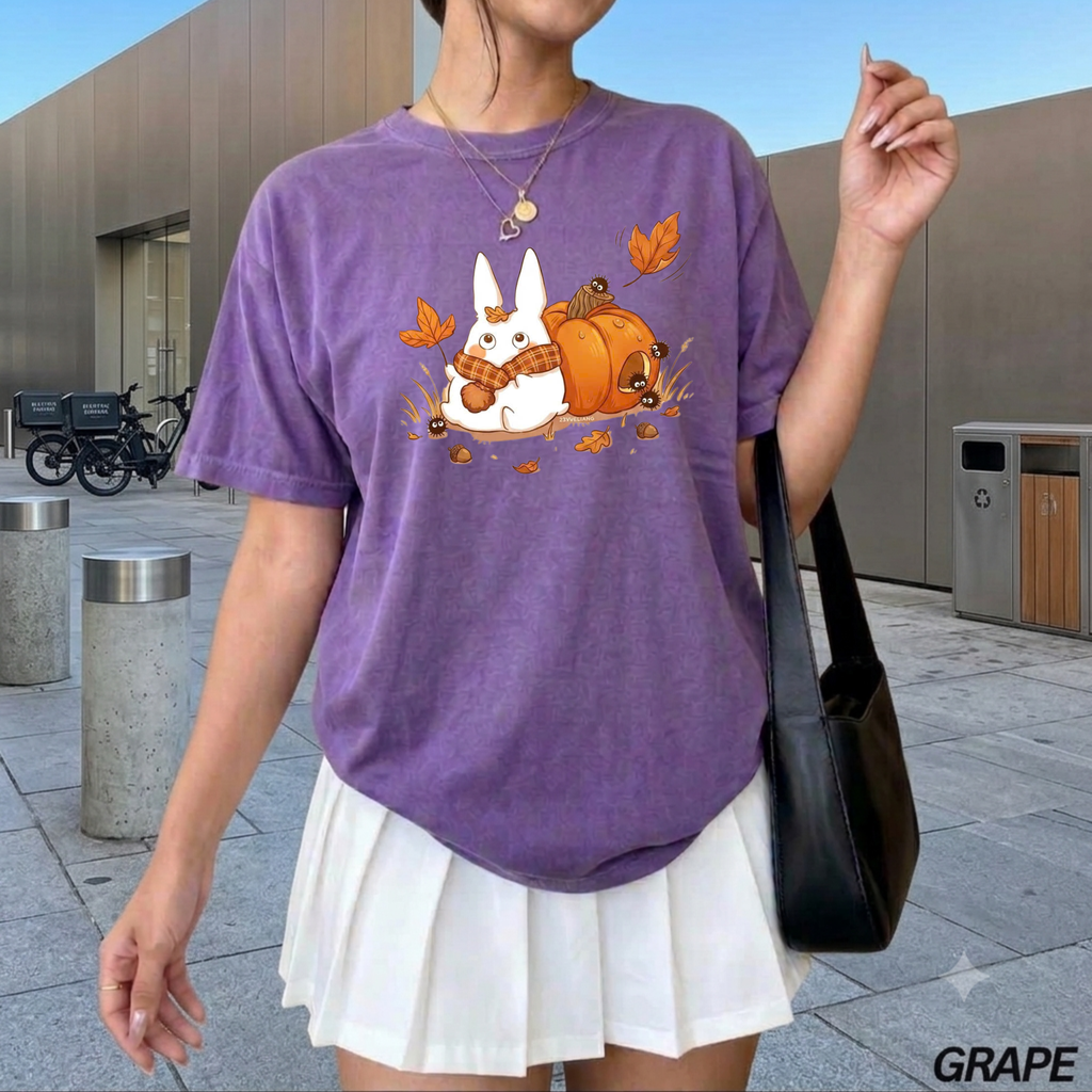 Studio Ghibli Autumn T-Shirt, Cute White Rabbit and Soot Sprites Tee, Spooky Season Pumpkin Shirt, Comfort Colors® Fall Apparel
