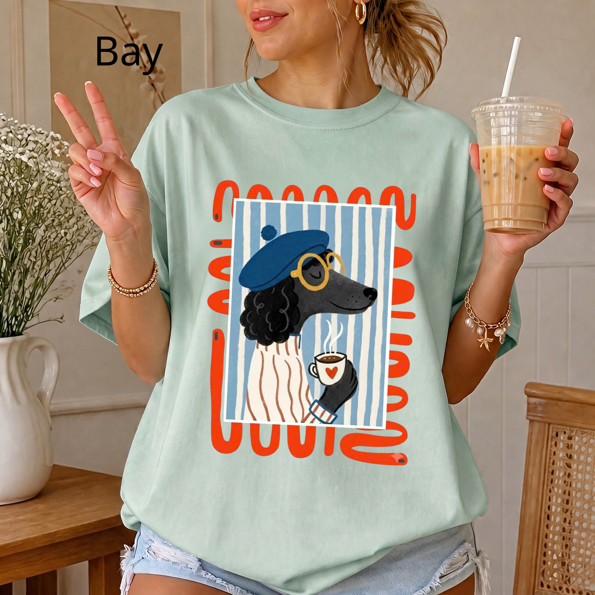 French Poodle Drinking Coffee T-Shirt, Artsy Dog Graphic Tee, Cute French Beret Animal Shirt, Casual Cotton Tee