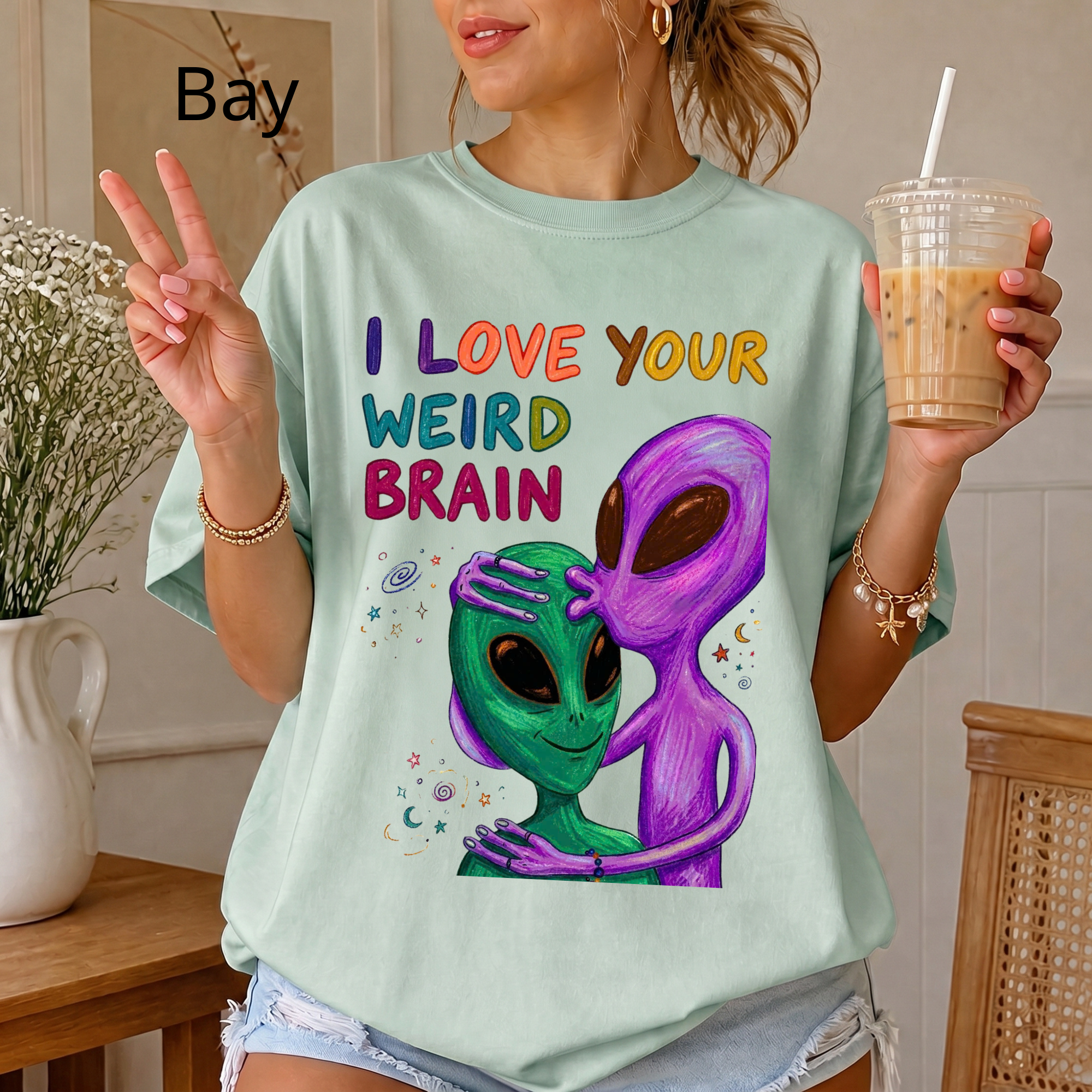 "I Love Your Weird Brain" Funny Alien Couple T-Shirt — Cute Retro Space Graphic Tee