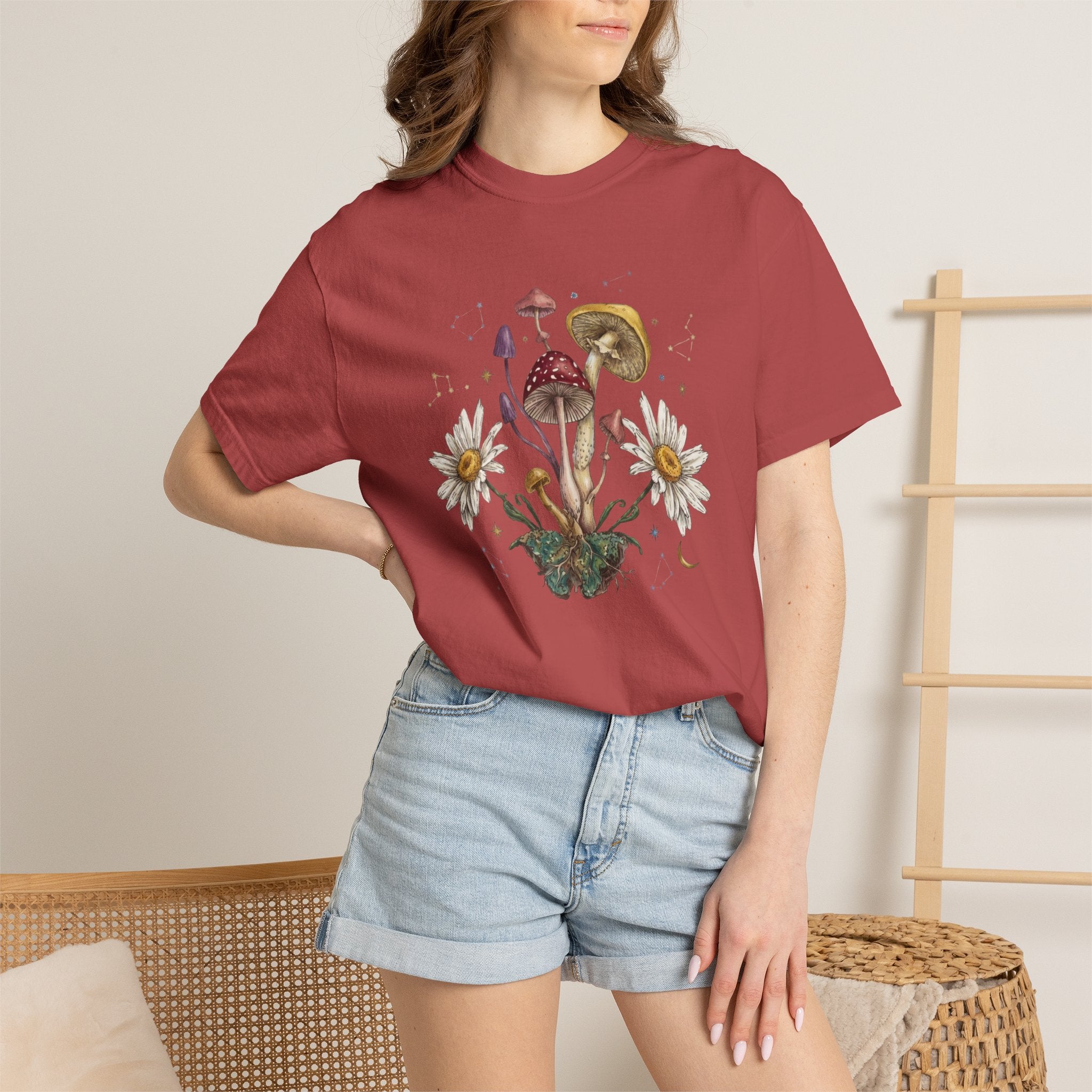 Mushroom & Daisies Botanical T-Shirt — Vintage Cottagecore Nature Tee, Floral Shirt