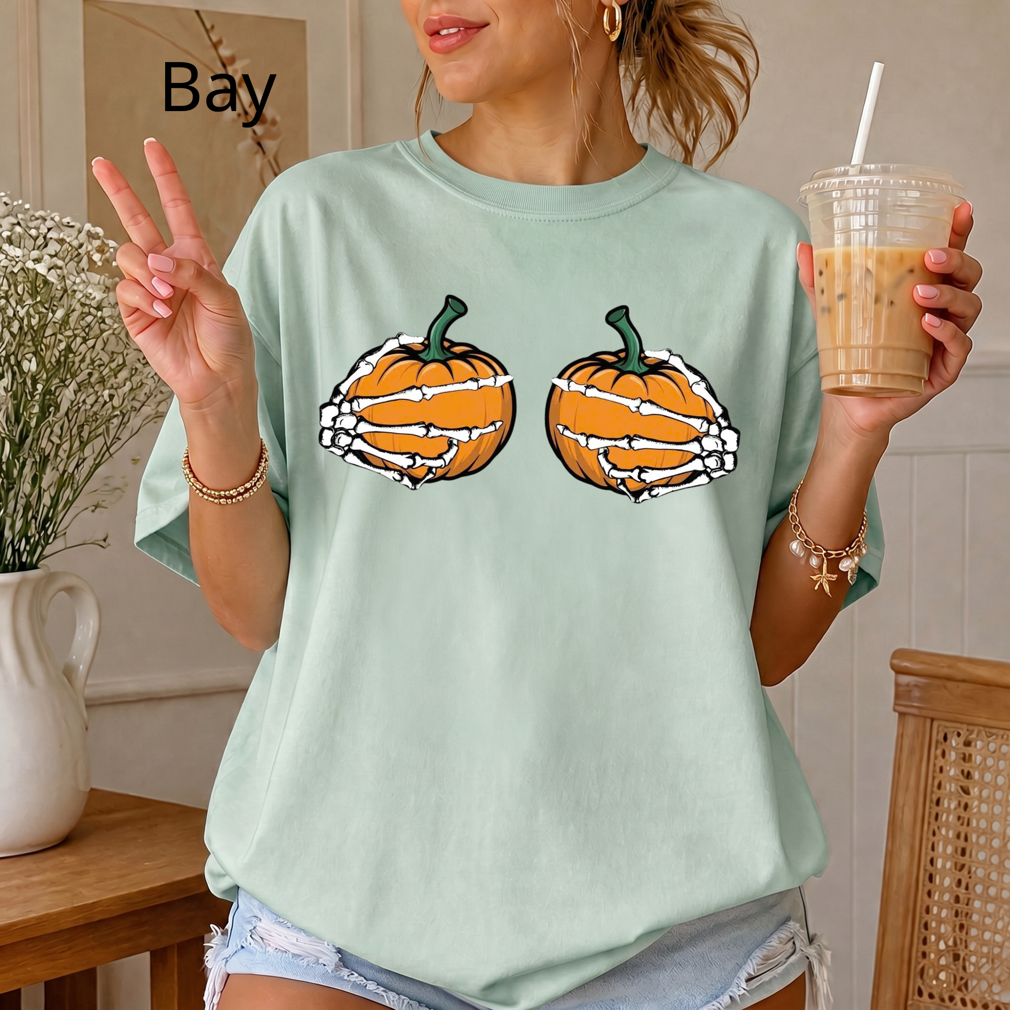 Spooky Season Pumpkin T-Shirt, Skeleton Hands Holding Pumpkins Graphic Tee, Cute Halloween Comfort Colors Shirt