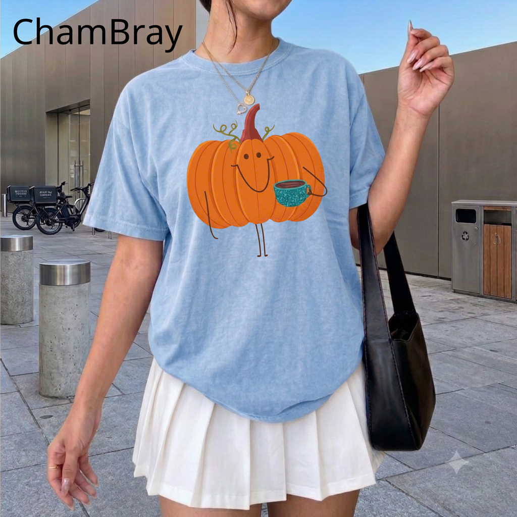 Cute Pumpkin Drinking Coffee T-Shirt, Funny Fall Season Tee, Happy Halloween T‑Shirt