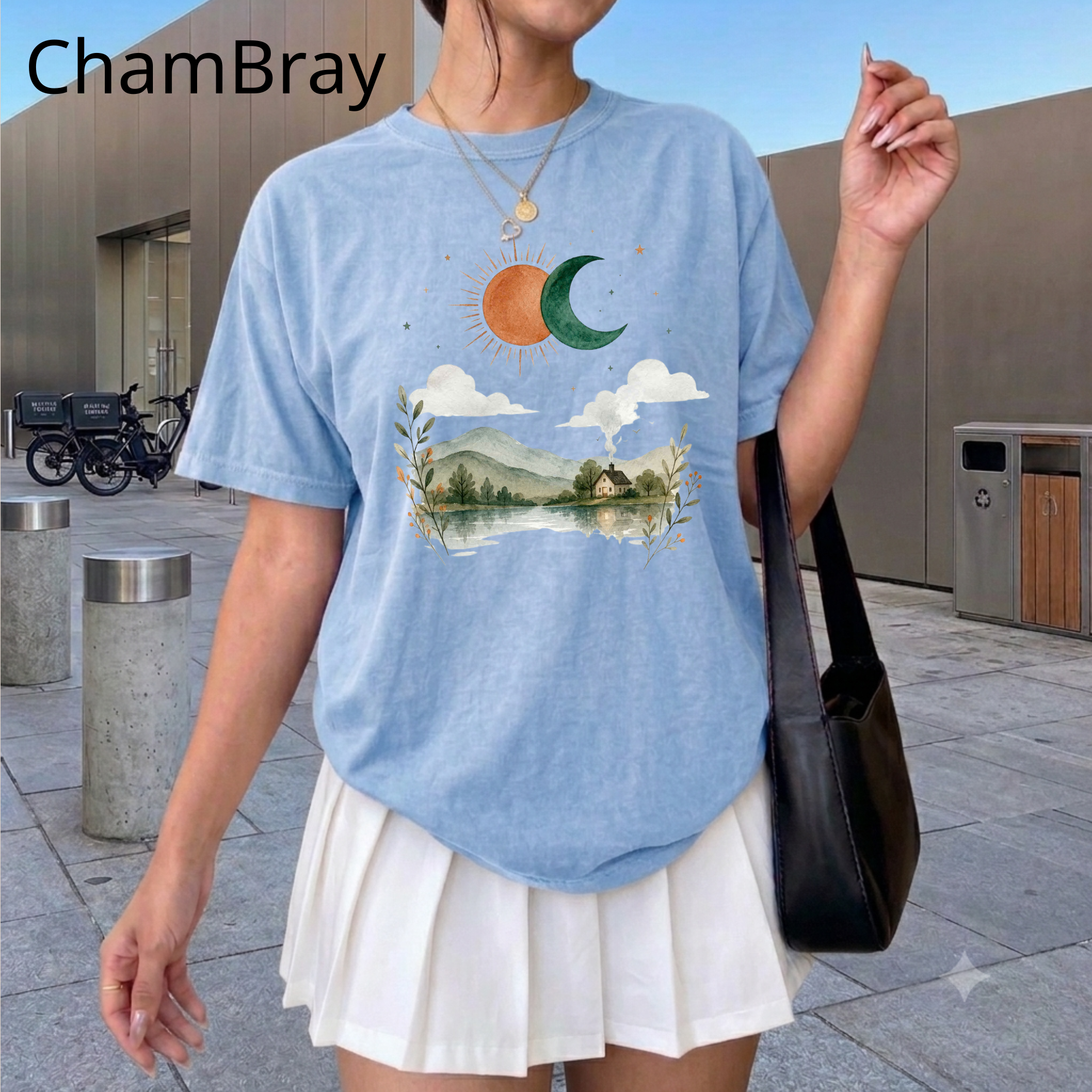 Vintage Nature Aesthetic T-Shirt, Sun and Moon Graphic Tee, Boho Landscape Shirt, Cute Indie Clothing