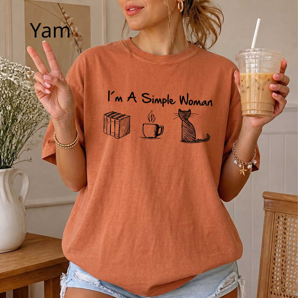 Funny Cat Mom T-Shirt, I'm A Simple Woman Tee, Coffee Cat and Books Graphic Apparel, Vintage Aesthetic Bookish Top