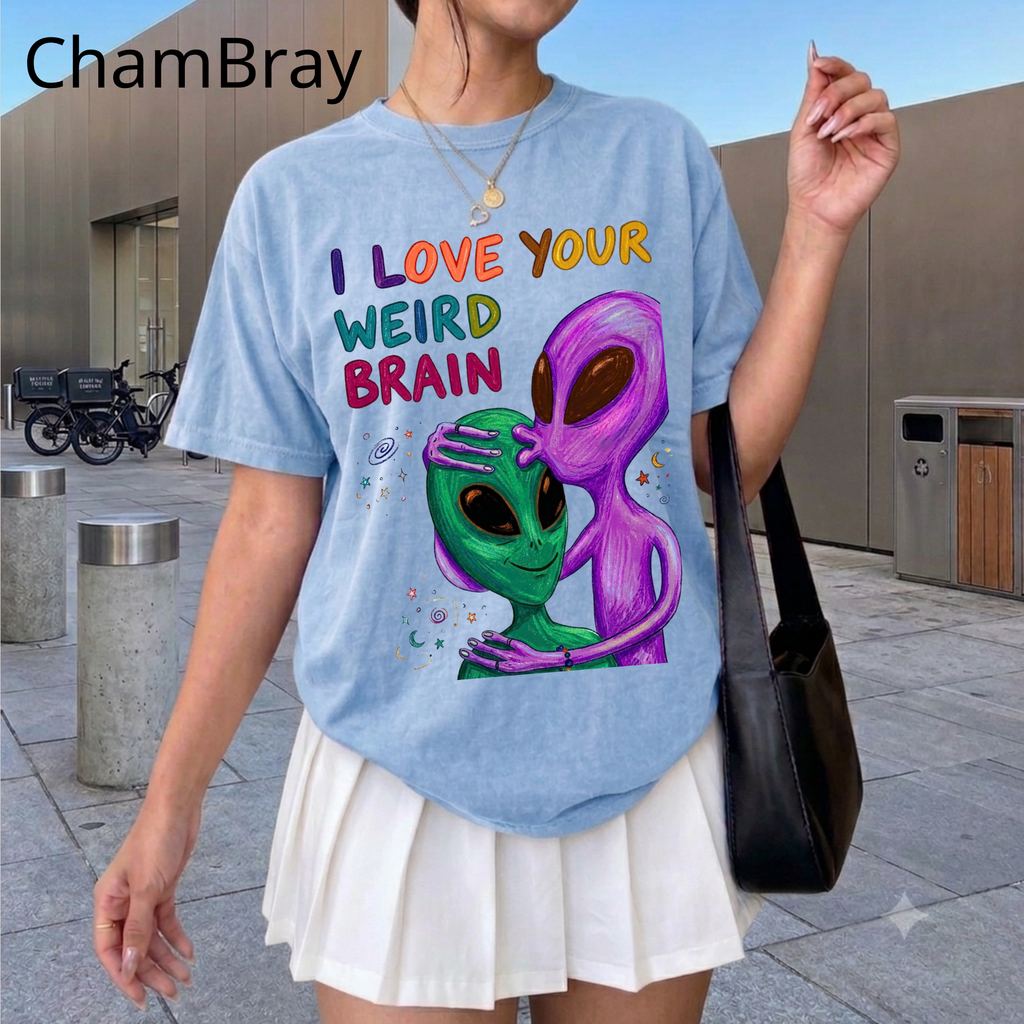 "I Love Your Weird Brain" Funny Alien Couple T-Shirt — Cute Retro Space Graphic Tee