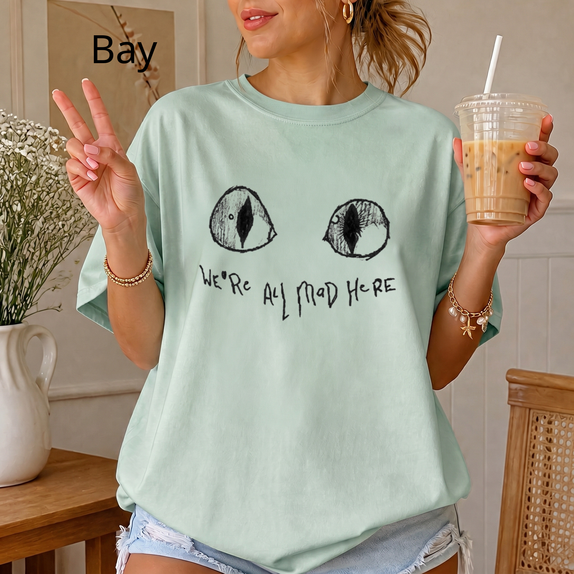 We're All Mad Here Cat Eyes T-Shirt, Alice in Wonderland Inspired Graphic Tee, Cheshire Cat Aesthetic Shirt, Book Lover Gift
