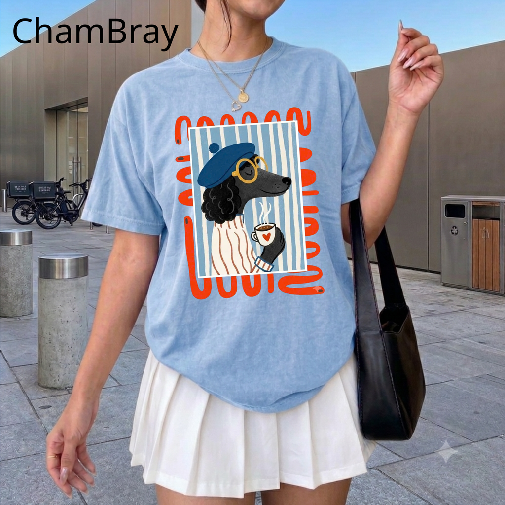 French Poodle Drinking Coffee T-Shirt, Artsy Dog Graphic Tee, Cute French Beret Animal Shirt, Casual Cotton Tee