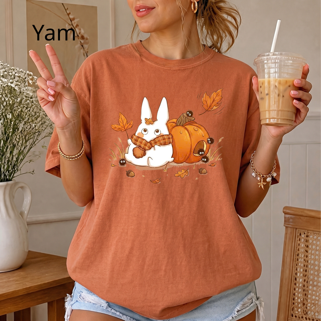 Studio Ghibli Autumn T-Shirt, Cute White Rabbit and Soot Sprites Tee, Spooky Season Pumpkin Shirt, Comfort Colors® Fall Apparel