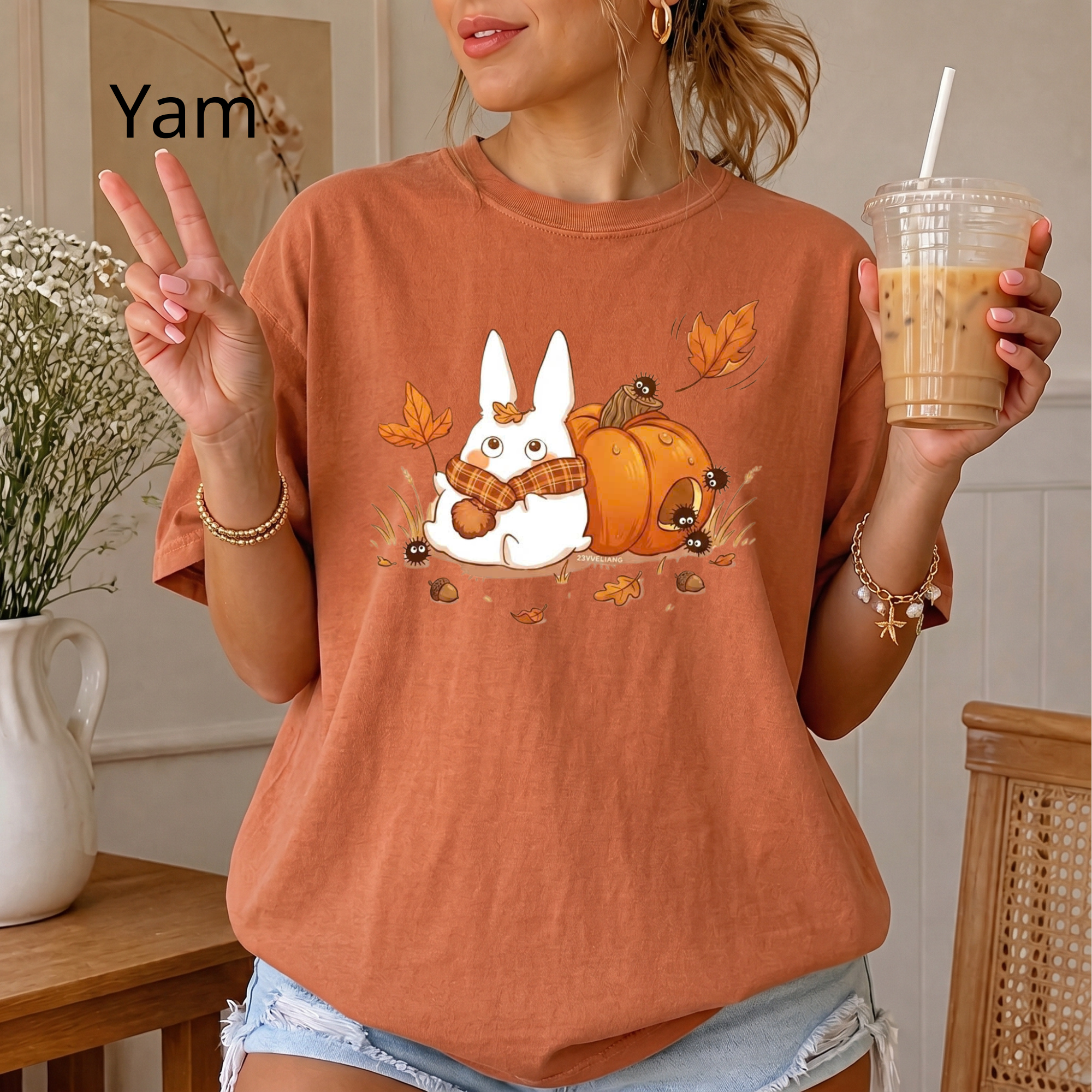 Studio Ghibli Autumn T-Shirt, Cute White Rabbit and Soot Sprites Tee, Spooky Season Pumpkin Shirt, Comfort Colors® Fall Apparel