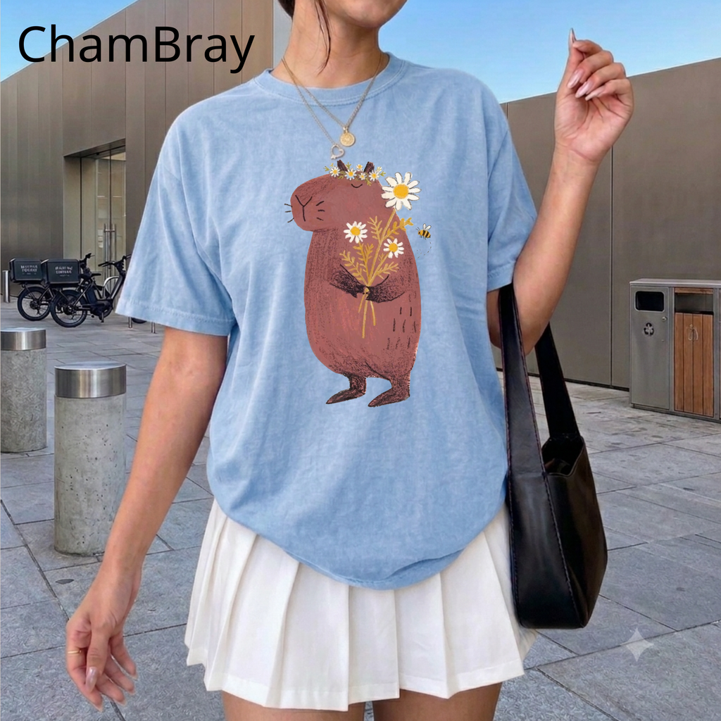 Comfort Color Cute Capybara with Daisy Bouquet Graphic T-Shirt - Unisex Cotton Tee