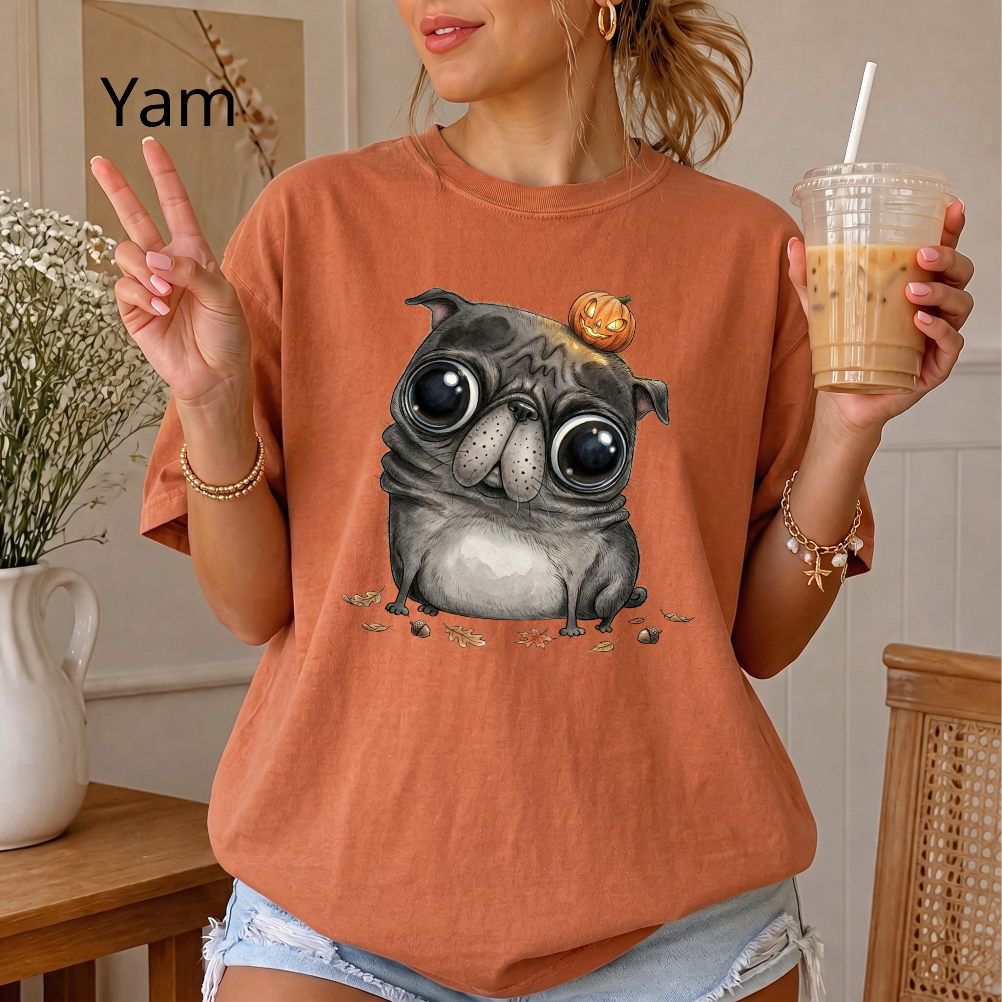 Comfort Colors® Cute Halloween Pug T-Shirt, Spooky Season Pug Puppy Tee, Big Eyes Pugkin Shirt, Pug Lover Gift