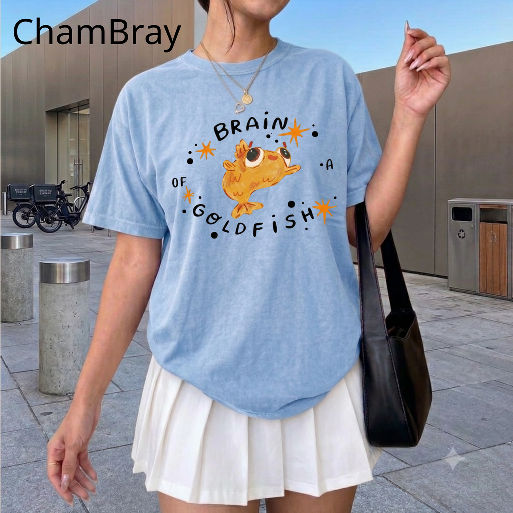 Brain of a Goldfish Cute Graphic Tee, Funny Fish T-Shirt, Aesthetic Retro Casual Cotton Shirt