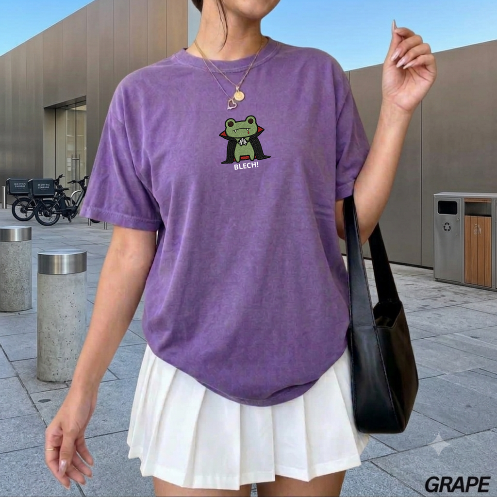 Vampire Frog Embroidered T-Shirt, Blech Cute Frog Tee, Spooky Season Aesthetic Shirt, Funny Gothic Animal Embroidery Gift
