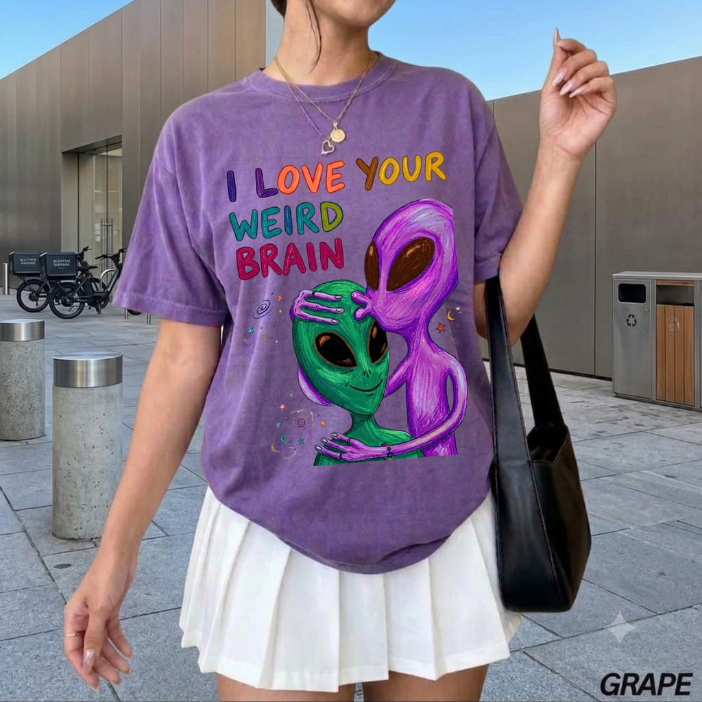 "I Love Your Weird Brain" Funny Alien Couple T-Shirt — Cute Retro Space Graphic Tee
