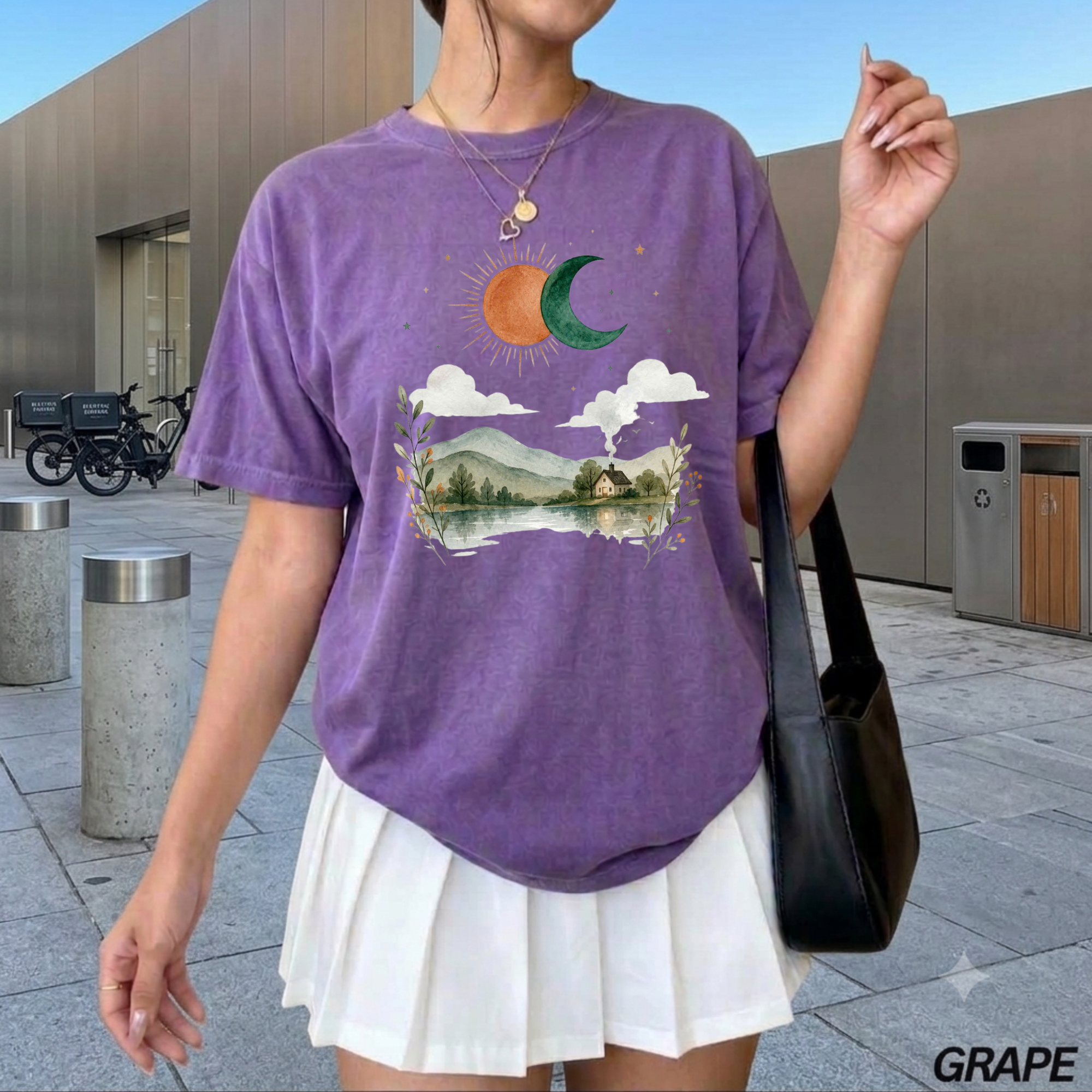 Vintage Nature Aesthetic T-Shirt, Sun and Moon Graphic Tee, Boho Landscape Shirt, Cute Indie Clothing