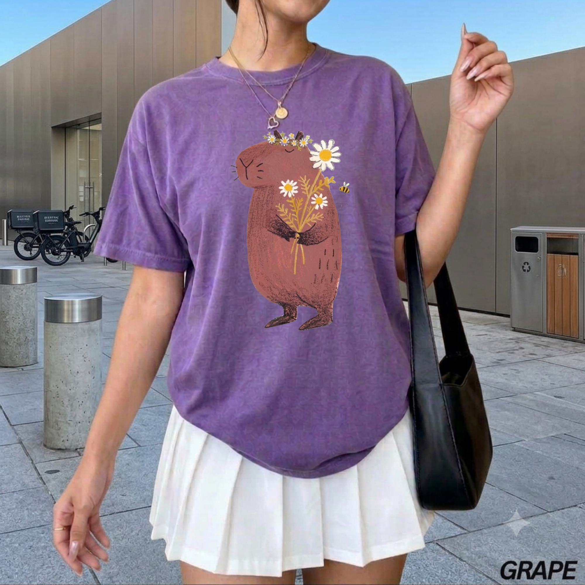 Comfort Color Cute Capybara with Daisy Bouquet Graphic T-Shirt - Unisex Cotton Tee