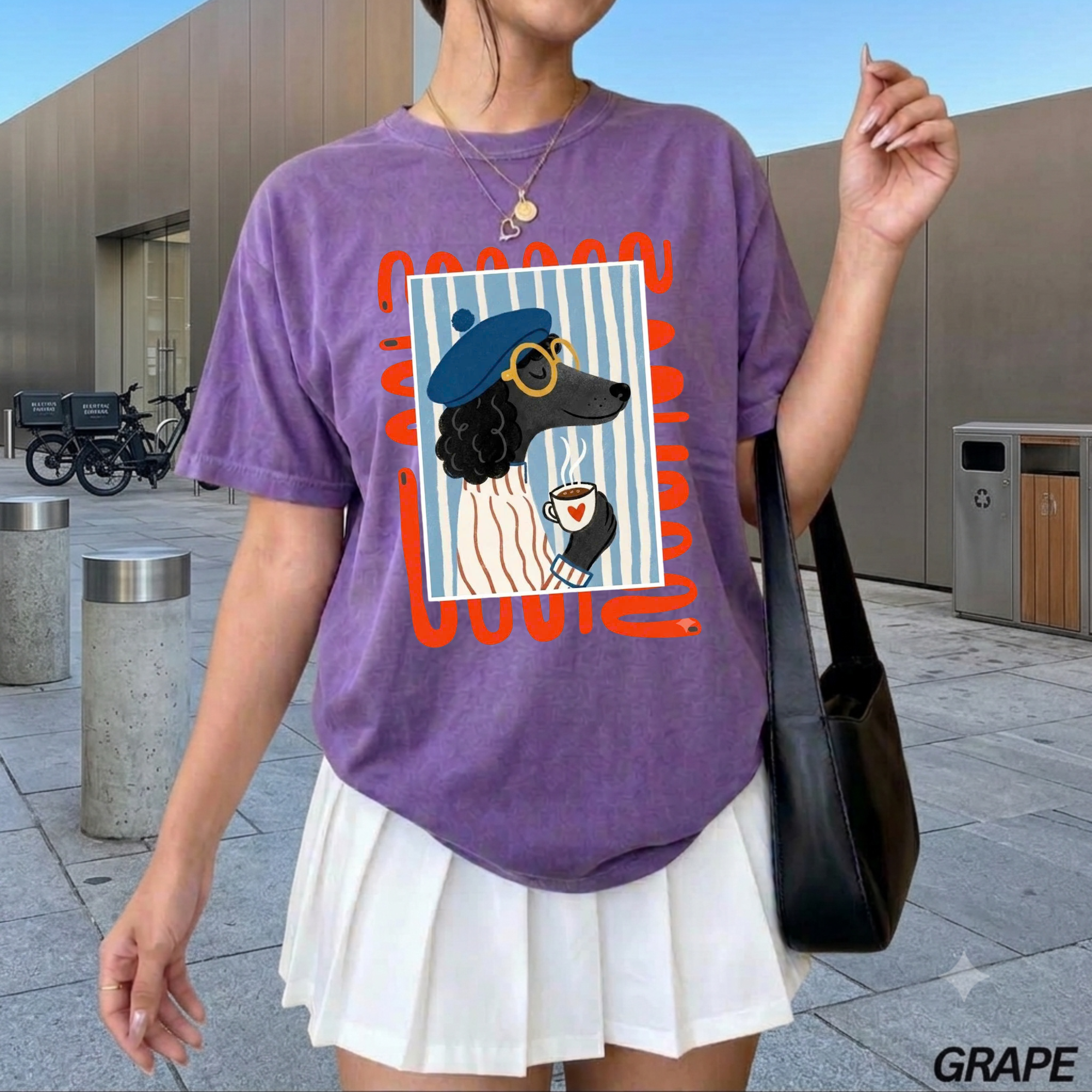 French Poodle Drinking Coffee T-Shirt, Artsy Dog Graphic Tee, Cute French Beret Animal Shirt, Casual Cotton Tee