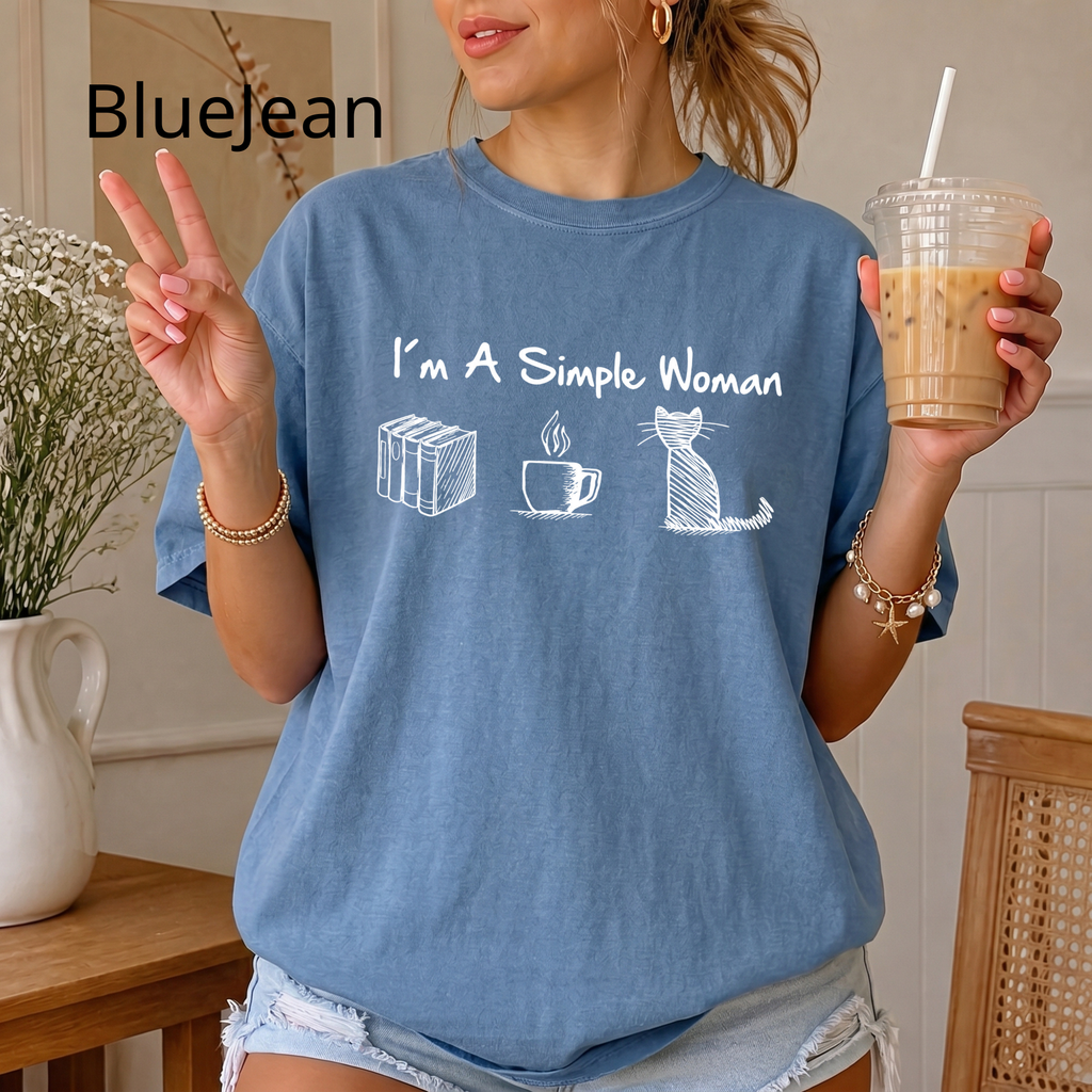 Funny Cat Mom T-Shirt, I'm A Simple Woman Tee, Coffee Cat and Books Graphic Apparel, Vintage Aesthetic Bookish Top