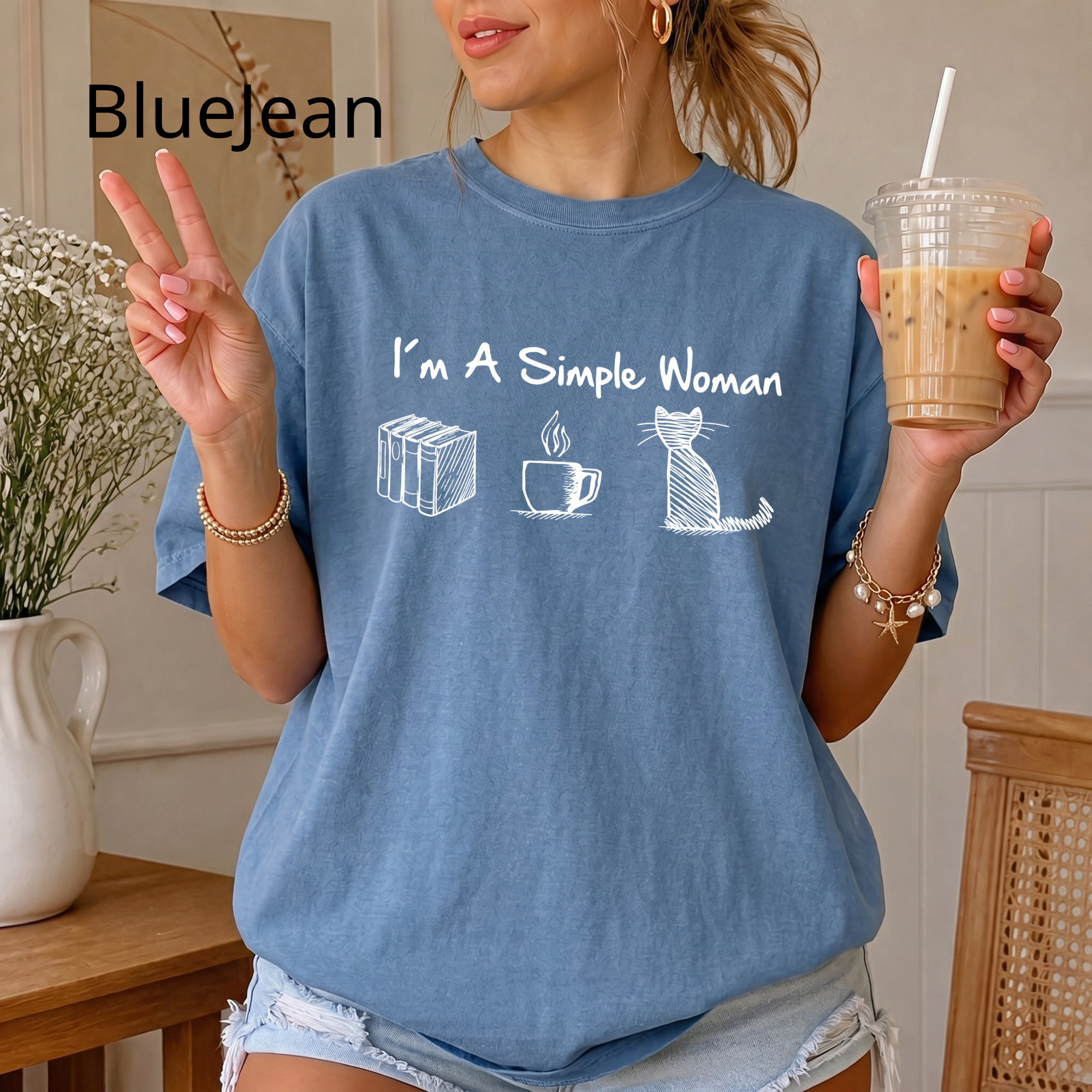 Funny Cat Mom T-Shirt, I'm A Simple Woman Tee, Coffee Cat and Books Graphic Apparel, Vintage Aesthetic Bookish Top