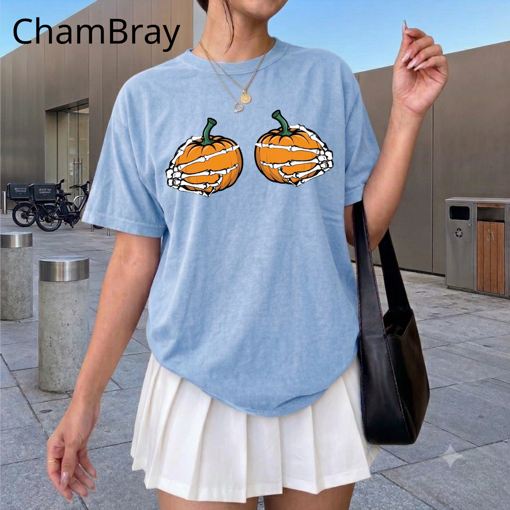 Spooky Season Pumpkin T-Shirt, Skeleton Hands Holding Pumpkins Graphic Tee, Cute Halloween Comfort Colors Shirt