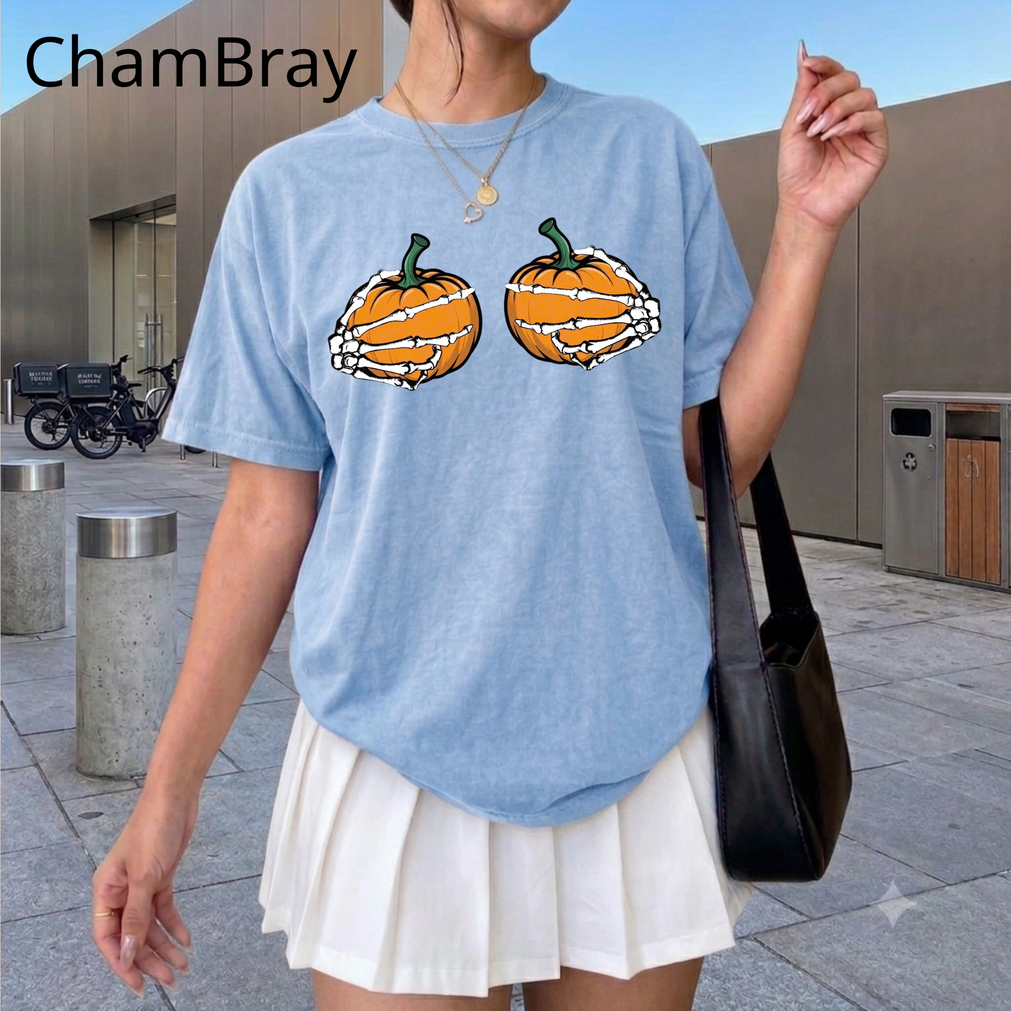 Spooky Season Pumpkin T-Shirt, Skeleton Hands Holding Pumpkins Graphic Tee, Cute Halloween Comfort Colors Shirt