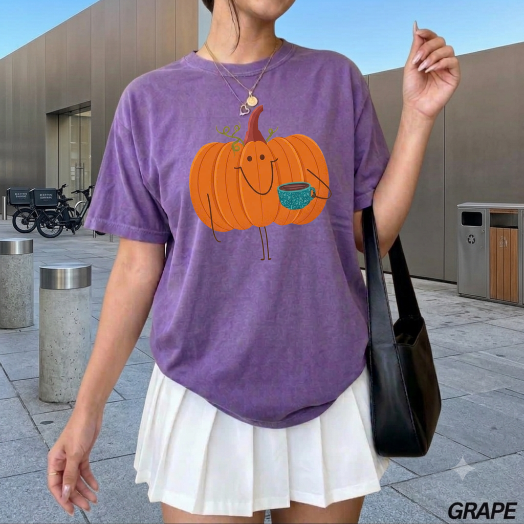 Cute Pumpkin Drinking Coffee T-Shirt, Funny Fall Season Tee, Happy Halloween T‑Shirt