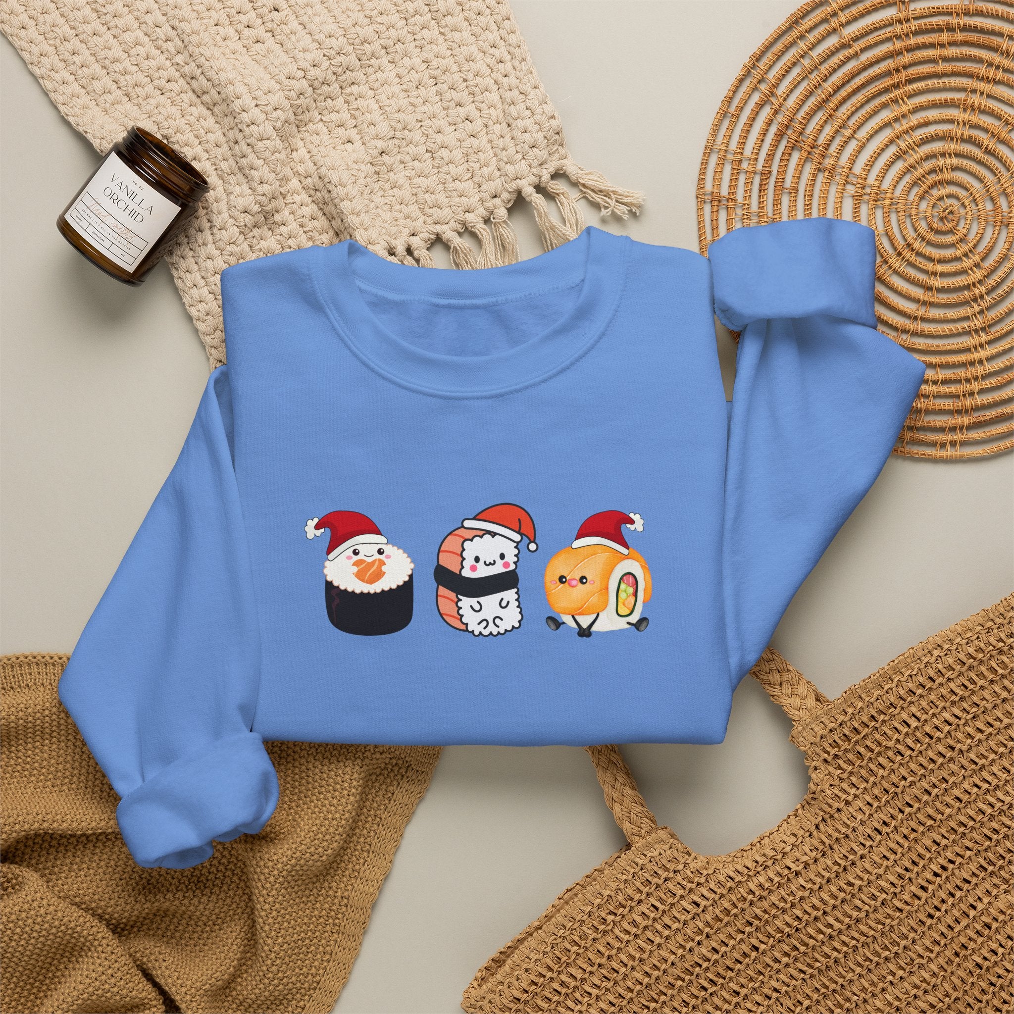 Holiday Sushi Crewneck Sweatshirt — Cute Santa Sushi Trio Christmas Sweatshirt