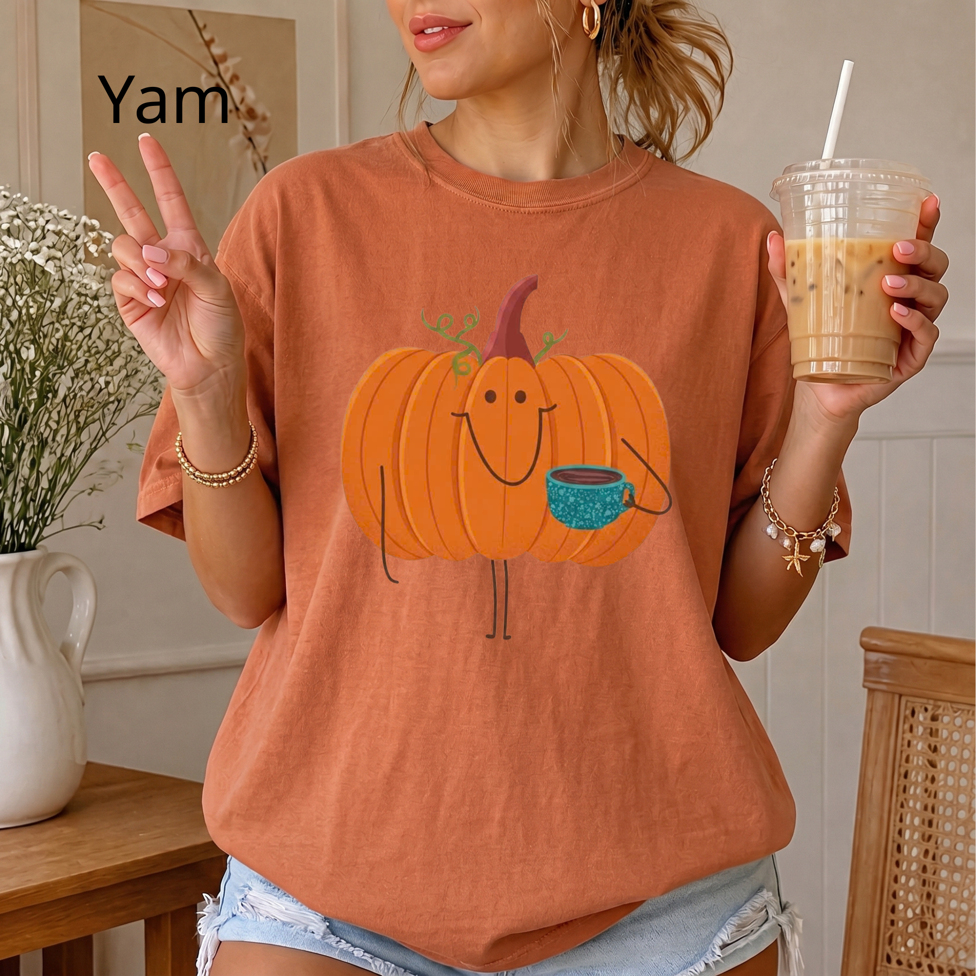 Cute Pumpkin Drinking Coffee T-Shirt, Funny Fall Season Tee, Happy Halloween T‑Shirt