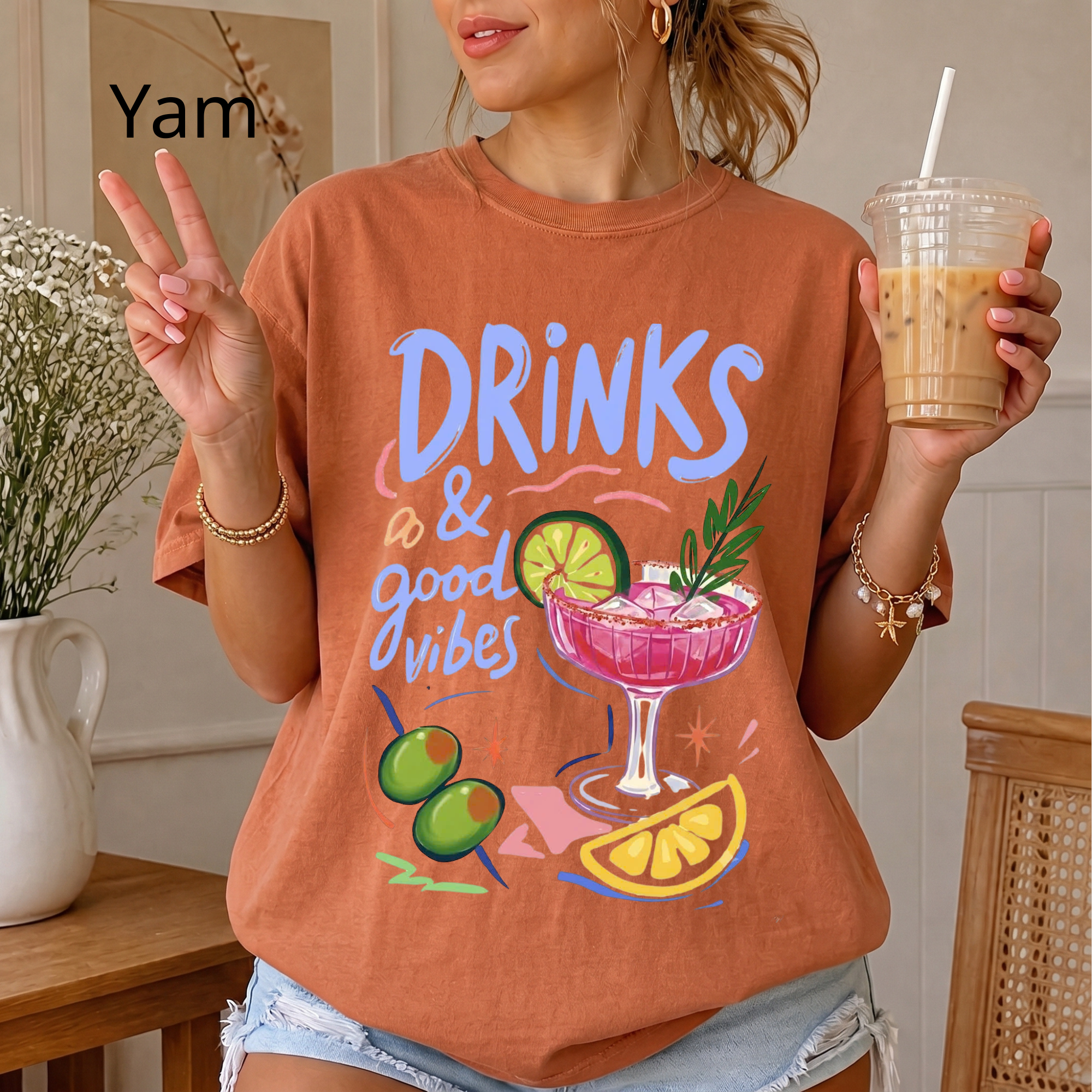 Drinks & Good Vibes Graphic T-Shirt, Cute Cocktail Lover Tee, Retro Summer Party Shirt, Casual Cotton Apparel