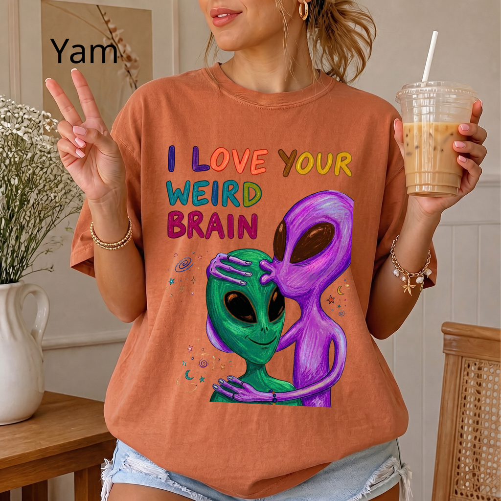 "I Love Your Weird Brain" Funny Alien Couple T-Shirt — Cute Retro Space Graphic Tee