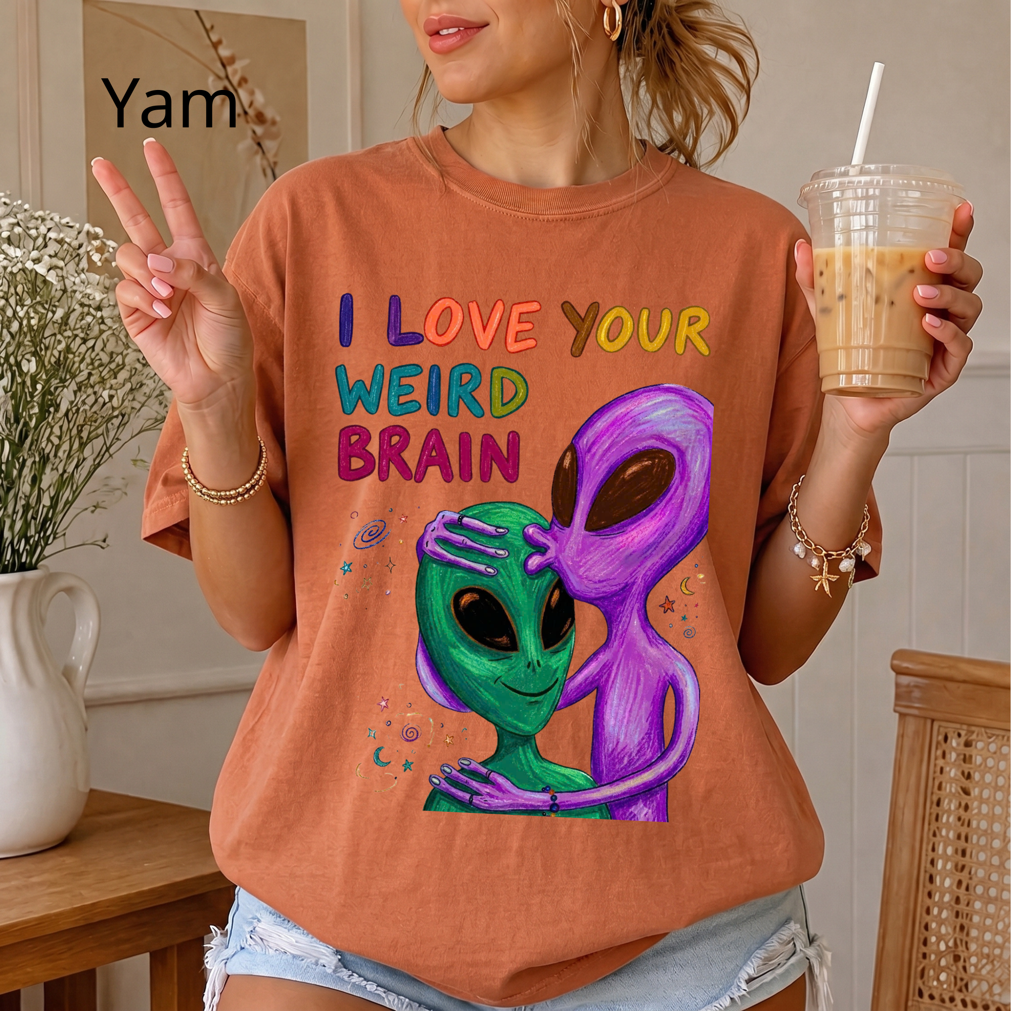 "I Love Your Weird Brain" Funny Alien Couple T-Shirt — Cute Retro Space Graphic Tee