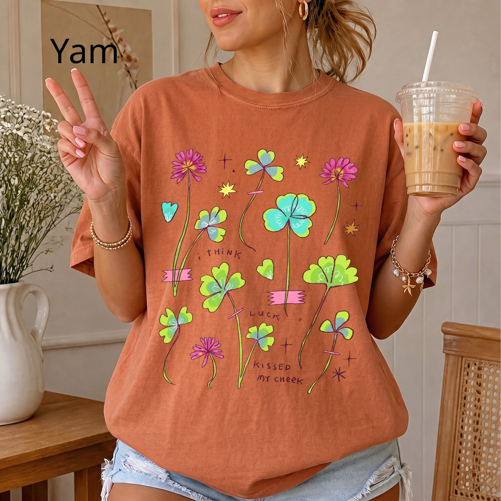 Lucky Clover Graphic Tee, Pastel Wildflower T-Shirt, Cute Aesthetic Four Leaf Clover Shirt, Retro Indie Apparel