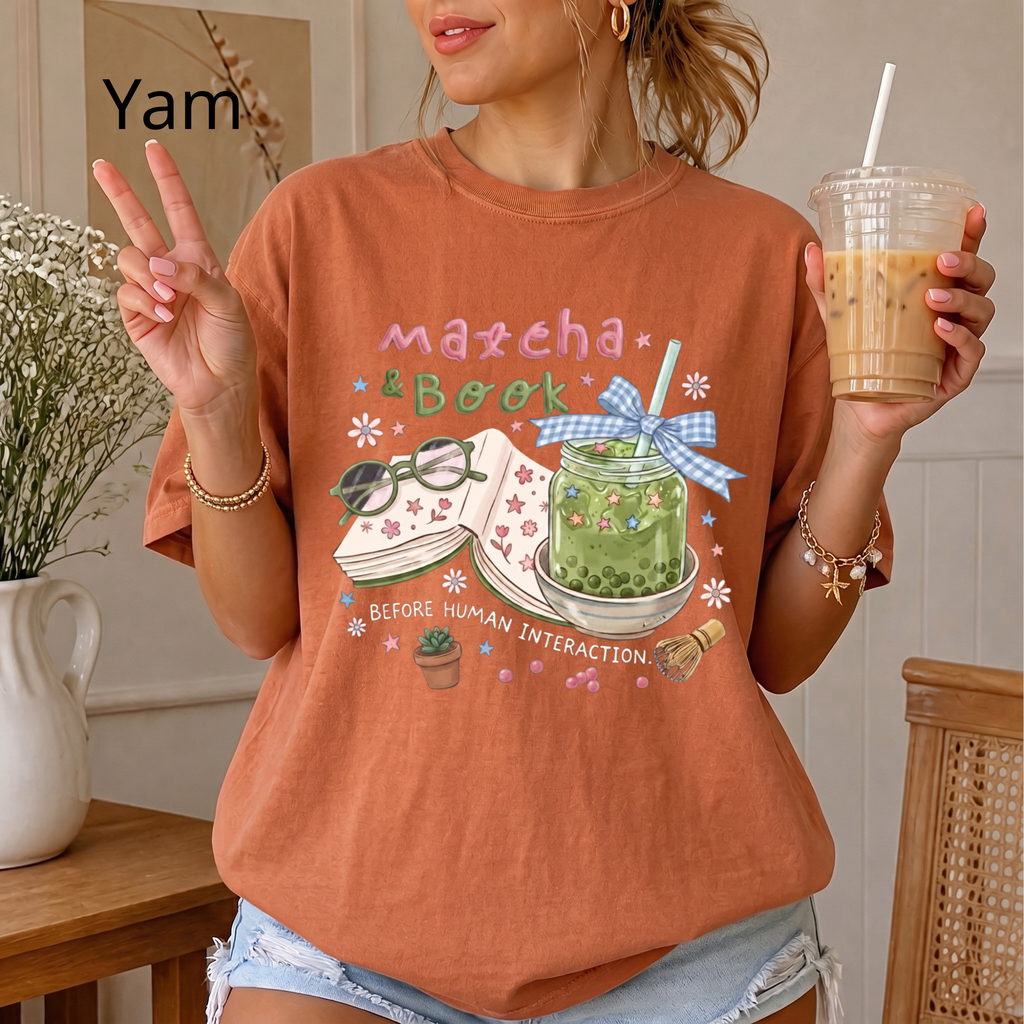 Bookworm Tee, Comfort Colors Reading Shirt, Cute Matcha Cup Shirt, Cozy Book Lover Gift