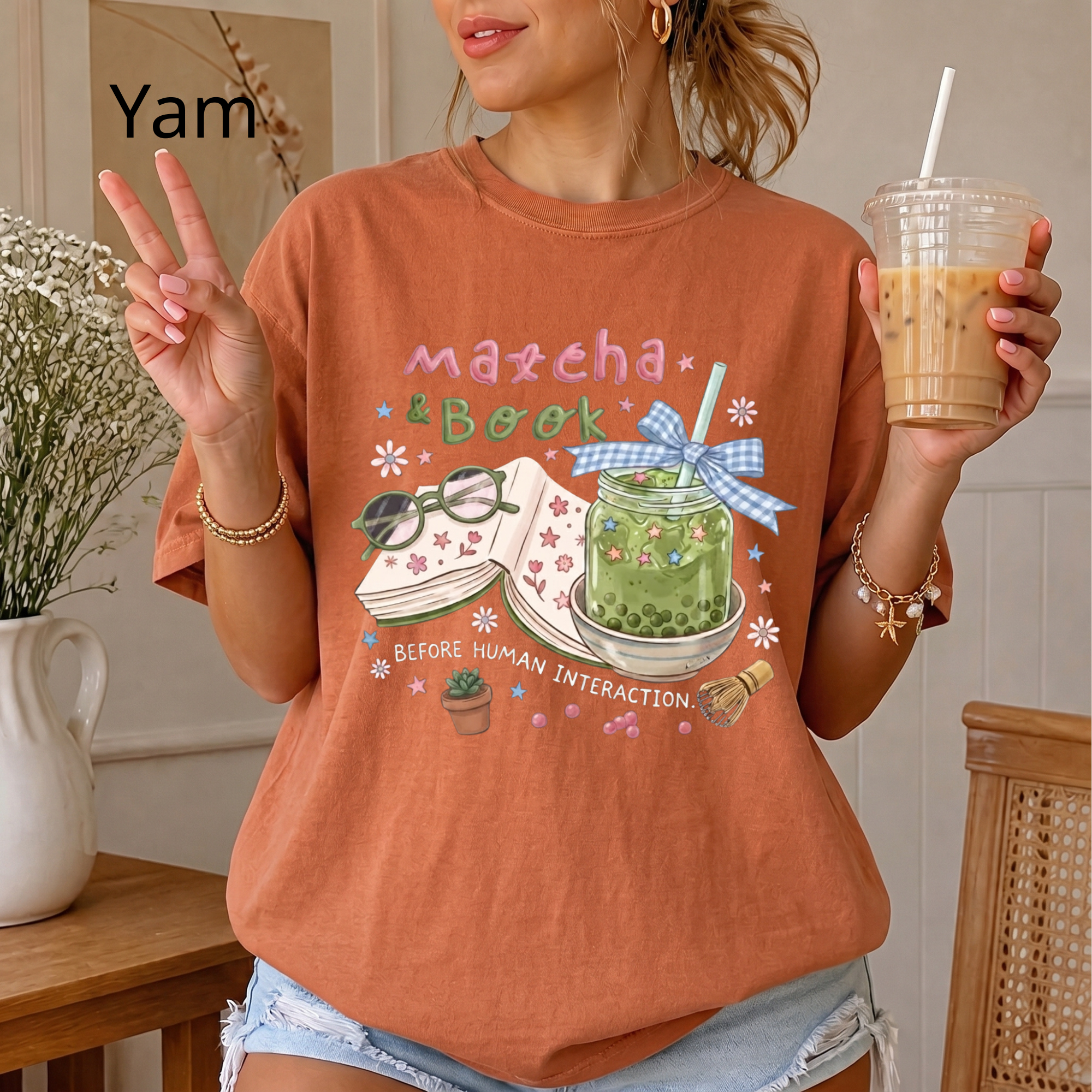 Bookworm Tee, Comfort Colors Reading Shirt, Cute Matcha Cup Shirt, Cozy Book Lover Gift