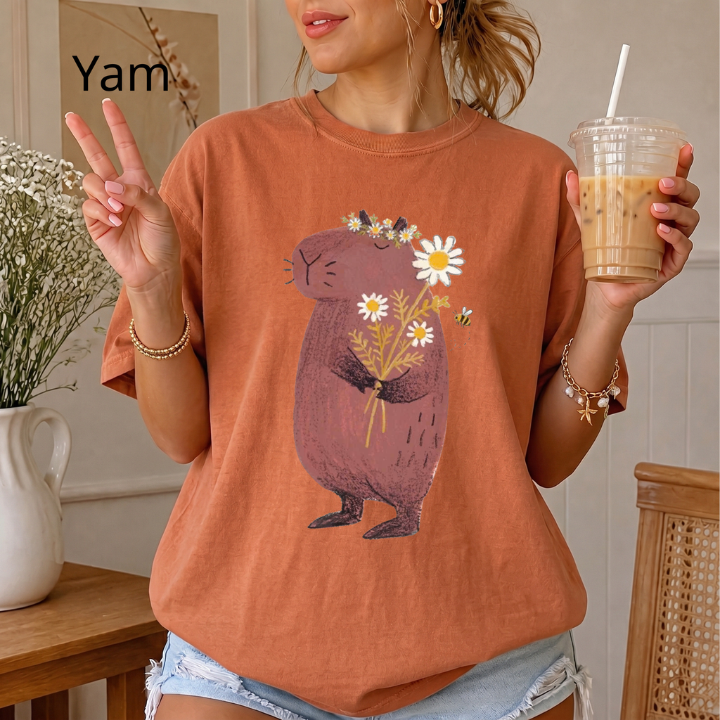 Comfort Color Cute Capybara with Daisy Bouquet Graphic T-Shirt - Unisex Cotton Tee