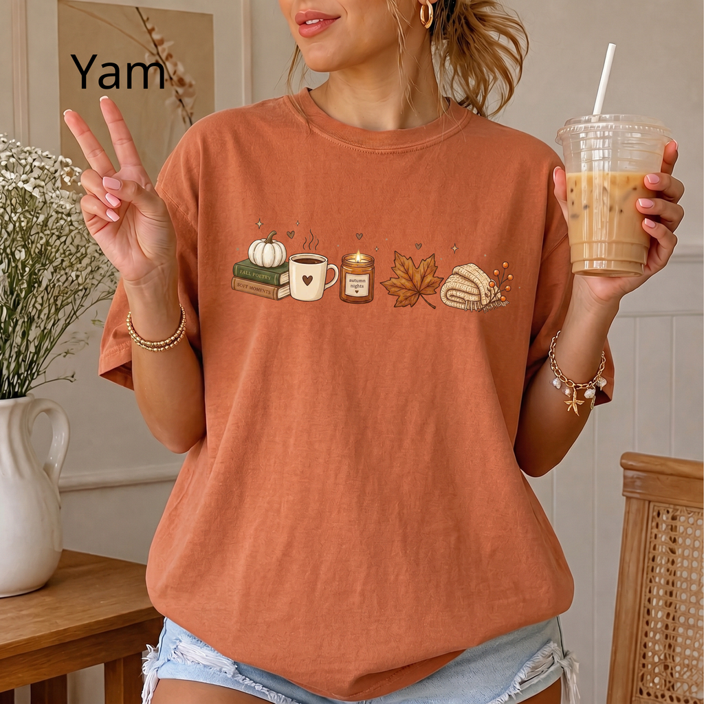 Cozier Fall Comfort Colors Shirt, Autumn Aesthetic T-shirt, Cute Pumpkin and Coffee Book Lover Tee