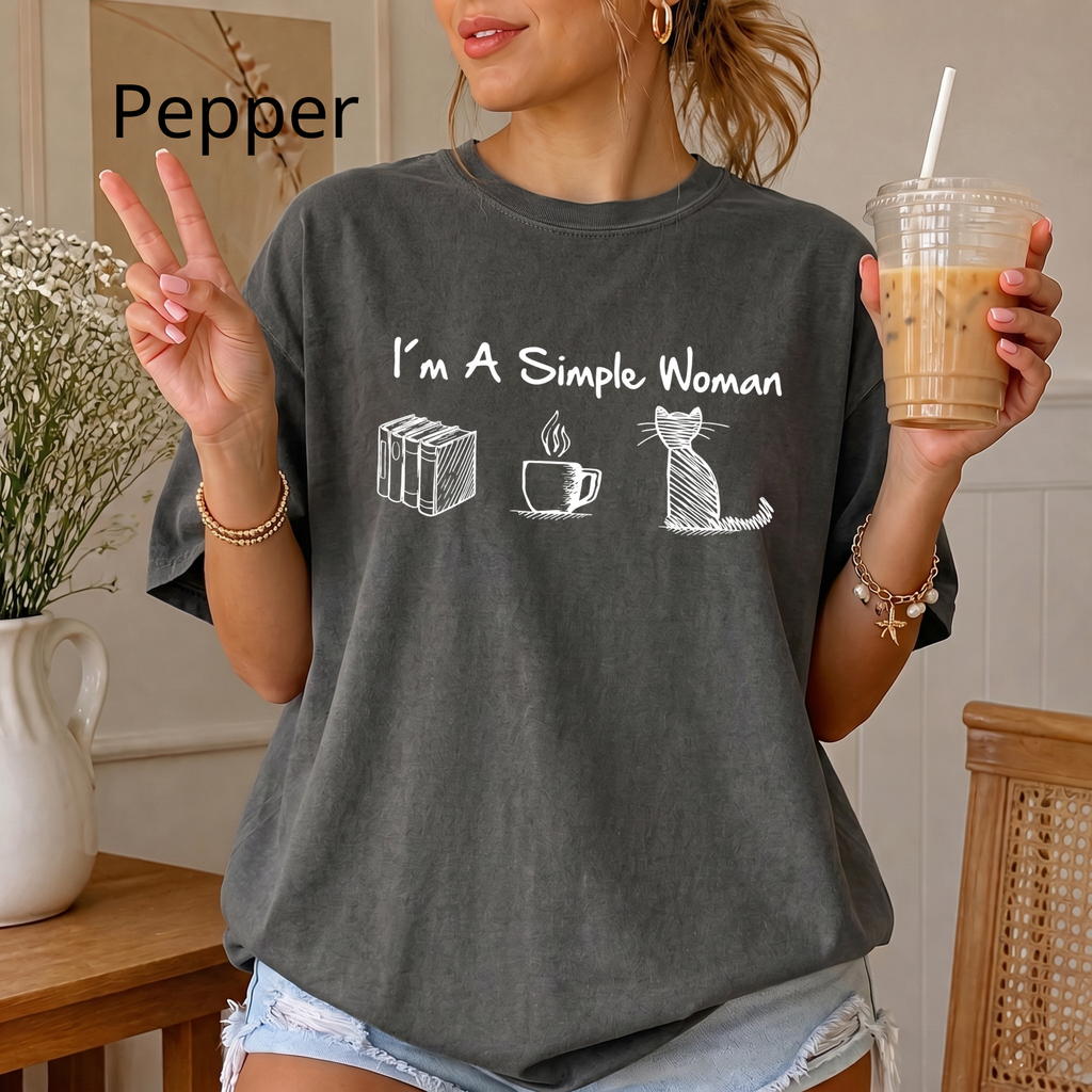 Funny Cat Mom T-Shirt, I'm A Simple Woman Tee, Coffee Cat and Books Graphic Apparel, Vintage Aesthetic Bookish Top