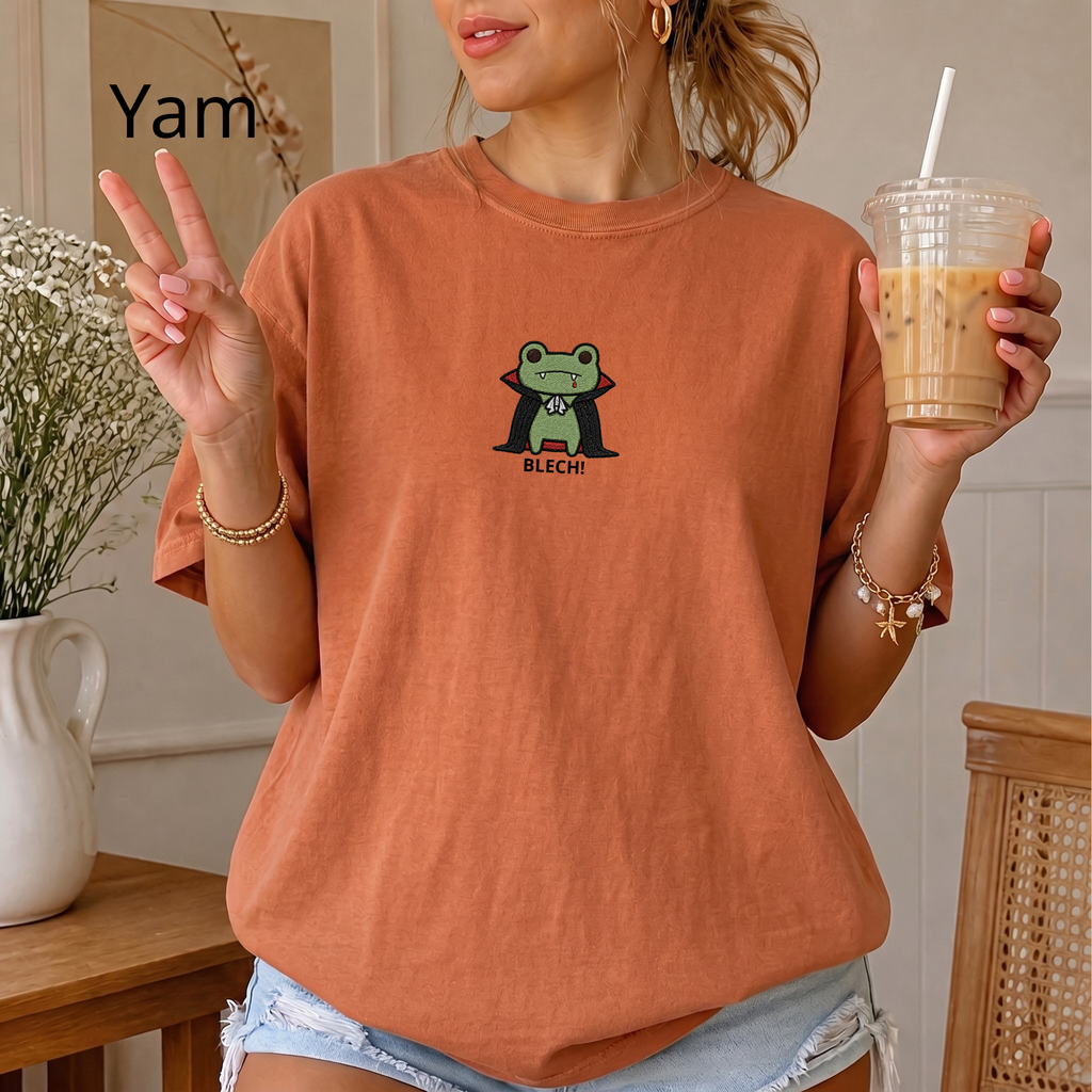 Vampire Frog Embroidered T-Shirt, Blech Cute Frog Tee, Spooky Season Aesthetic Shirt, Funny Gothic Animal Embroidery Gift