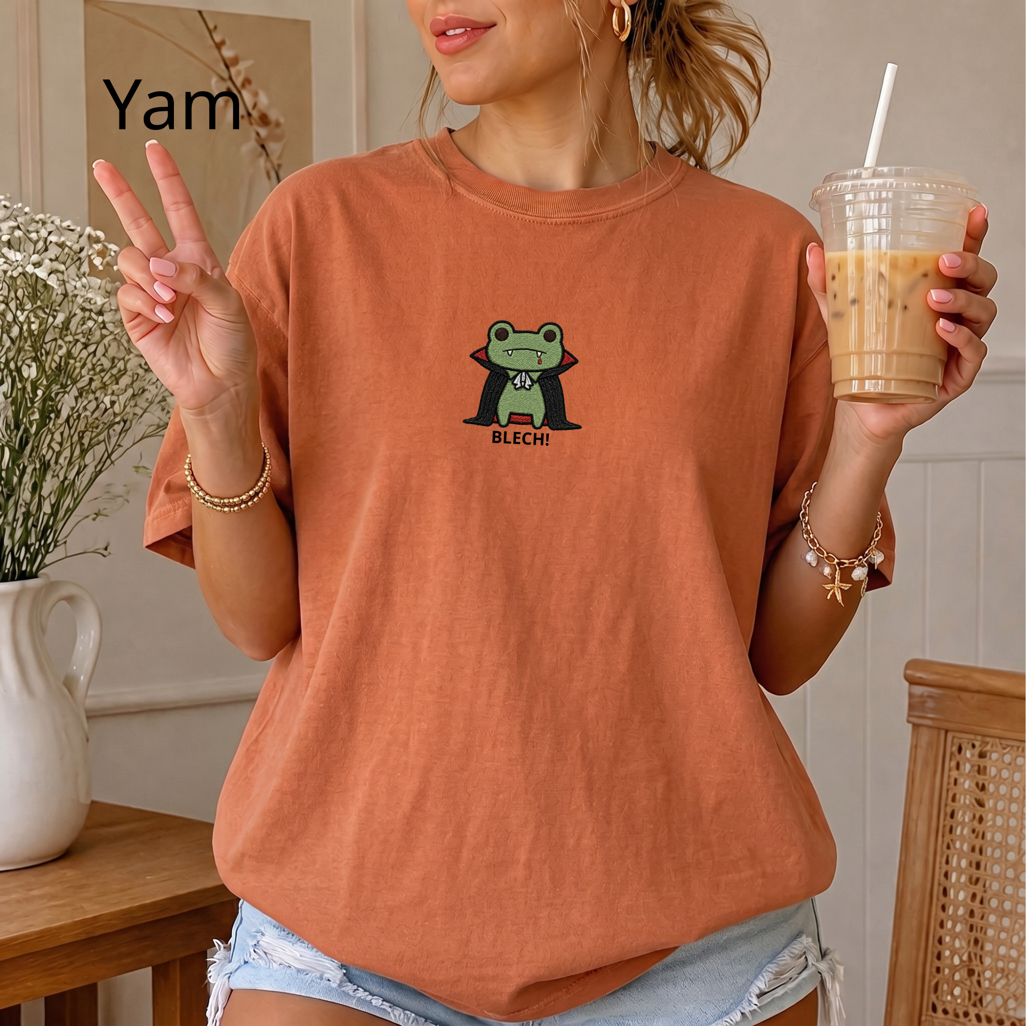 Vampire Frog Embroidered T-Shirt, Blech Cute Frog Tee, Spooky Season Aesthetic Shirt, Funny Gothic Animal Embroidery Gift