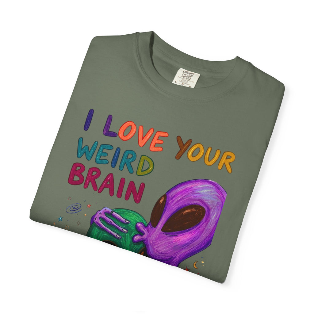 "I Love Your Weird Brain" Funny Alien Couple T-Shirt — Cute Retro Space Graphic Tee
