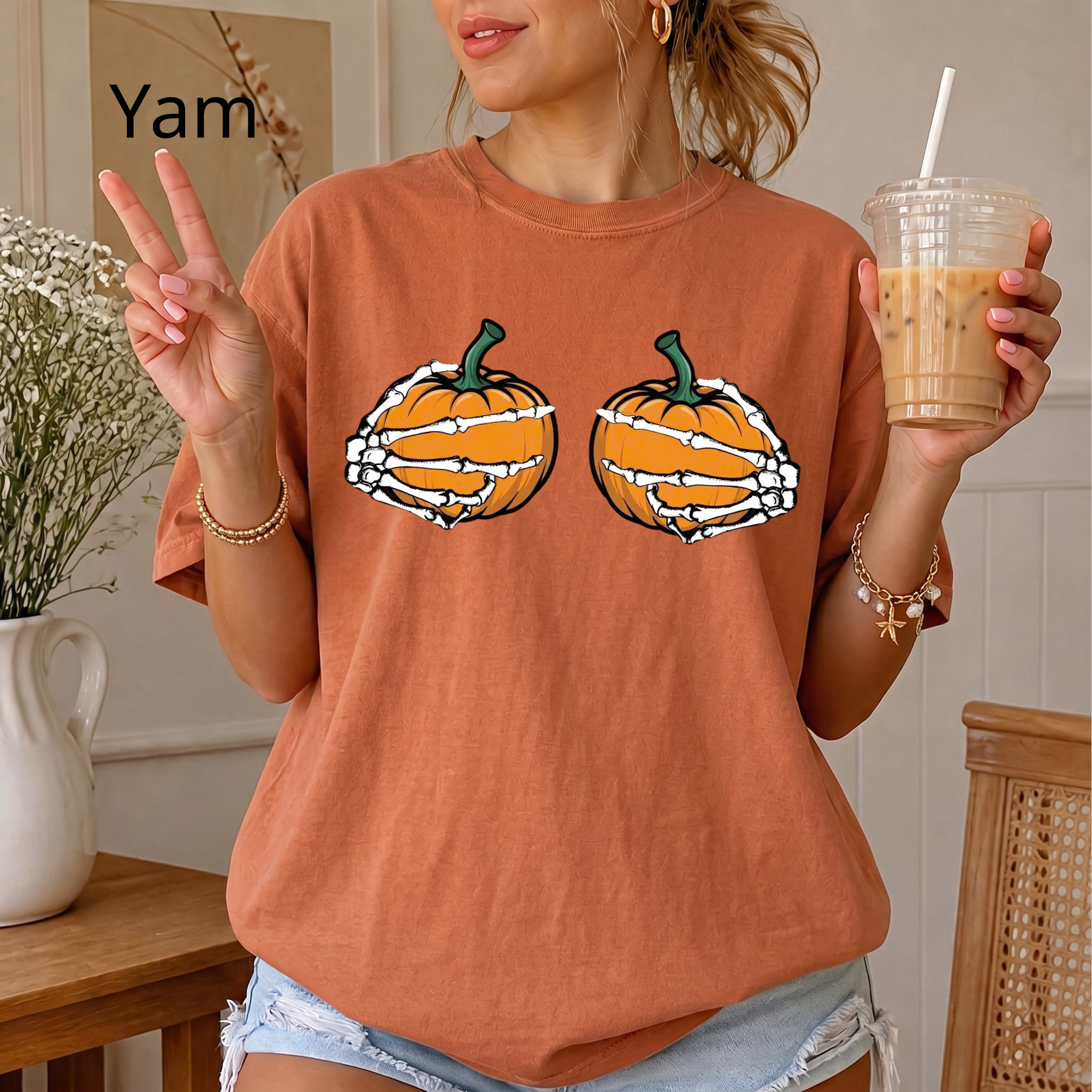 Spooky Season Pumpkin T-Shirt, Skeleton Hands Holding Pumpkins Graphic Tee, Cute Halloween Comfort Colors Shirt