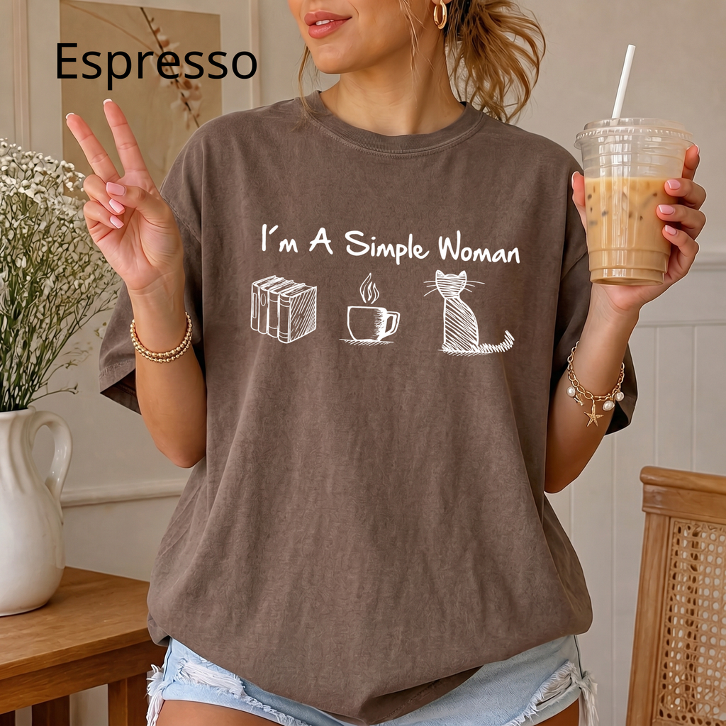 Funny Cat Mom T-Shirt, I'm A Simple Woman Tee, Coffee Cat and Books Graphic Apparel, Vintage Aesthetic Bookish Top