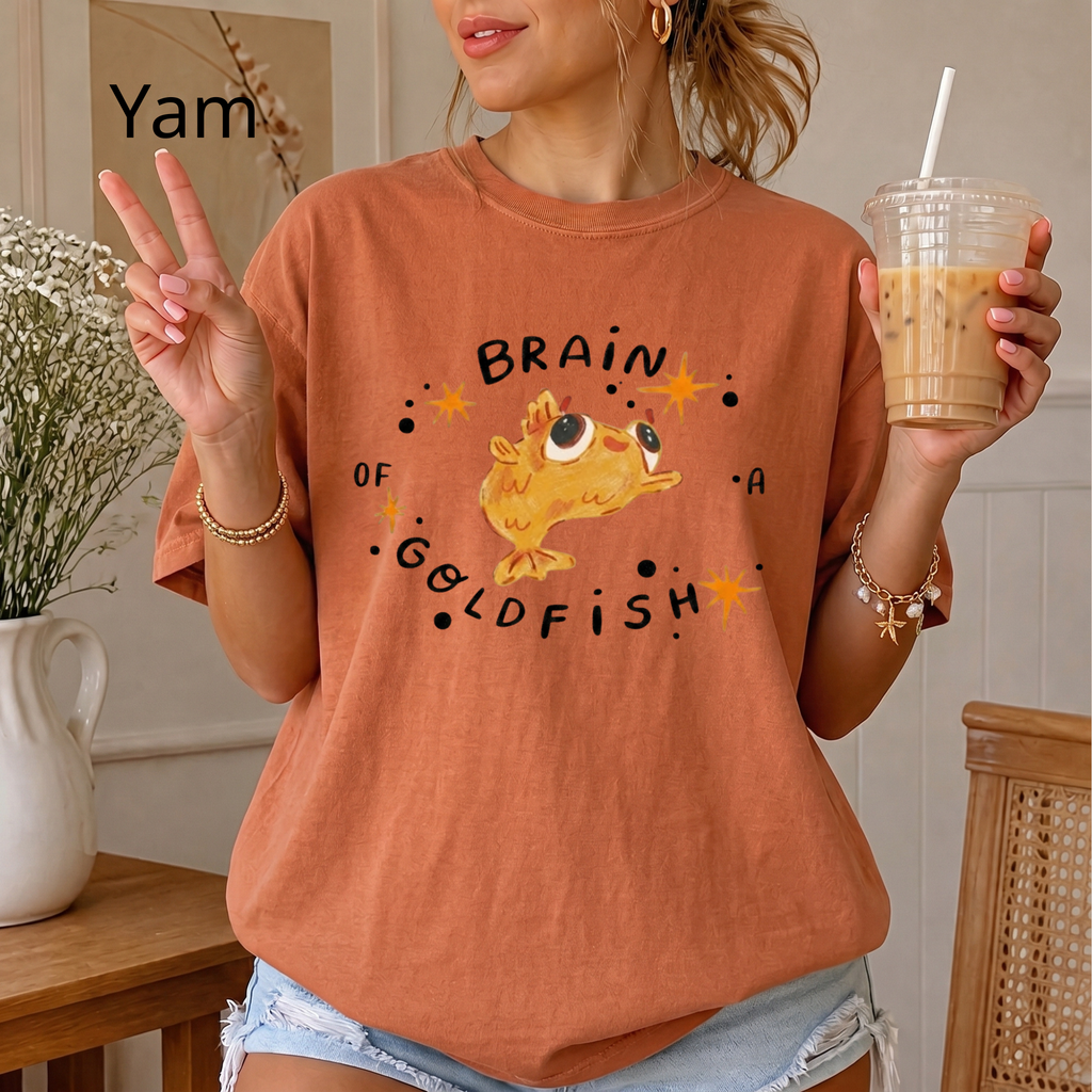 Brain of a Goldfish Cute Graphic Tee, Funny Fish T-Shirt, Aesthetic Retro Casual Cotton Shirt