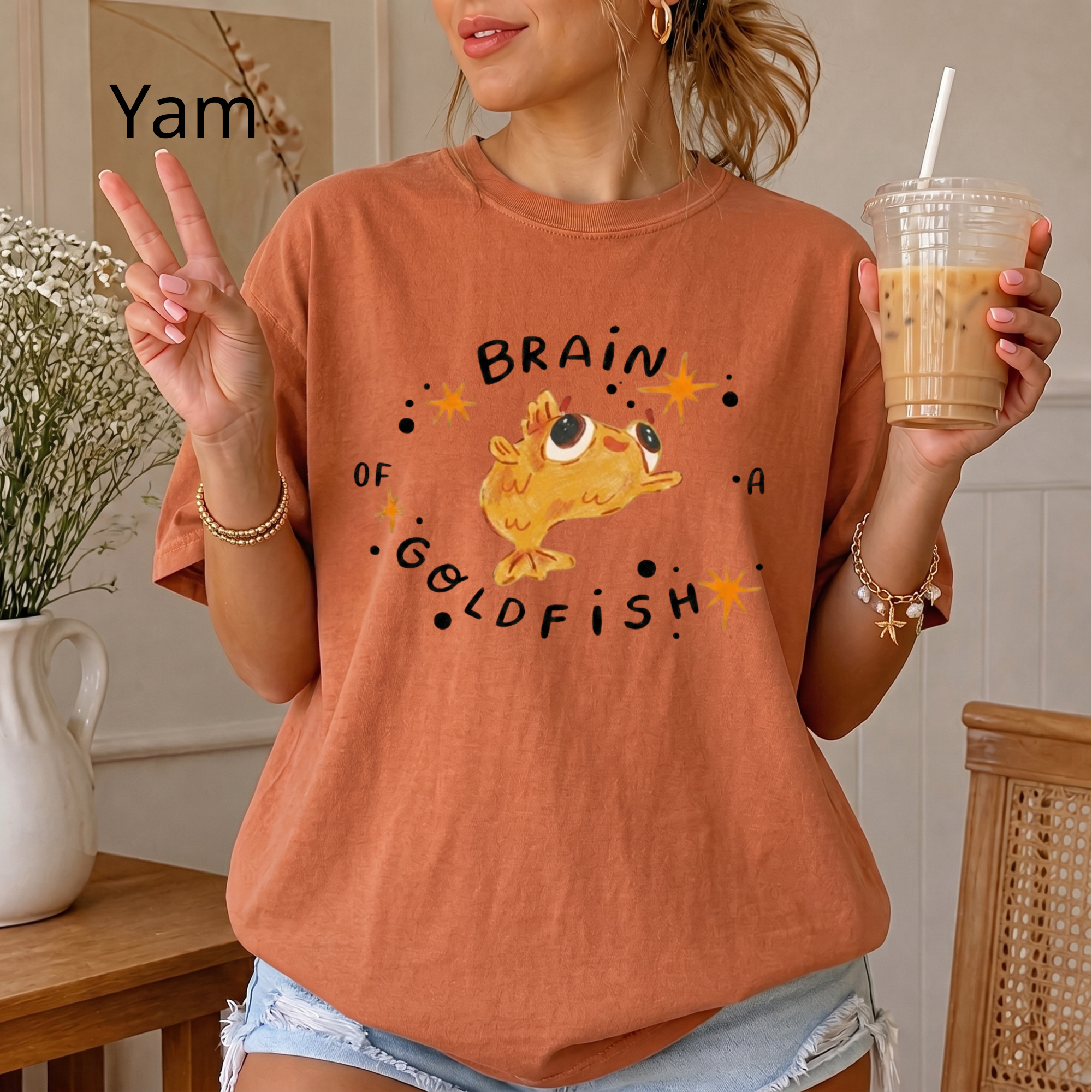 Brain of a Goldfish Cute Graphic Tee, Funny Fish T-Shirt, Aesthetic Retro Casual Cotton Shirt