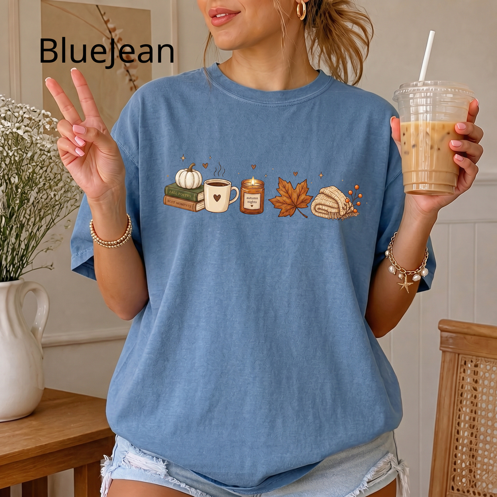 Cozier Fall Comfort Colors Shirt, Autumn Aesthetic T-shirt, Cute Pumpkin and Coffee Book Lover Tee