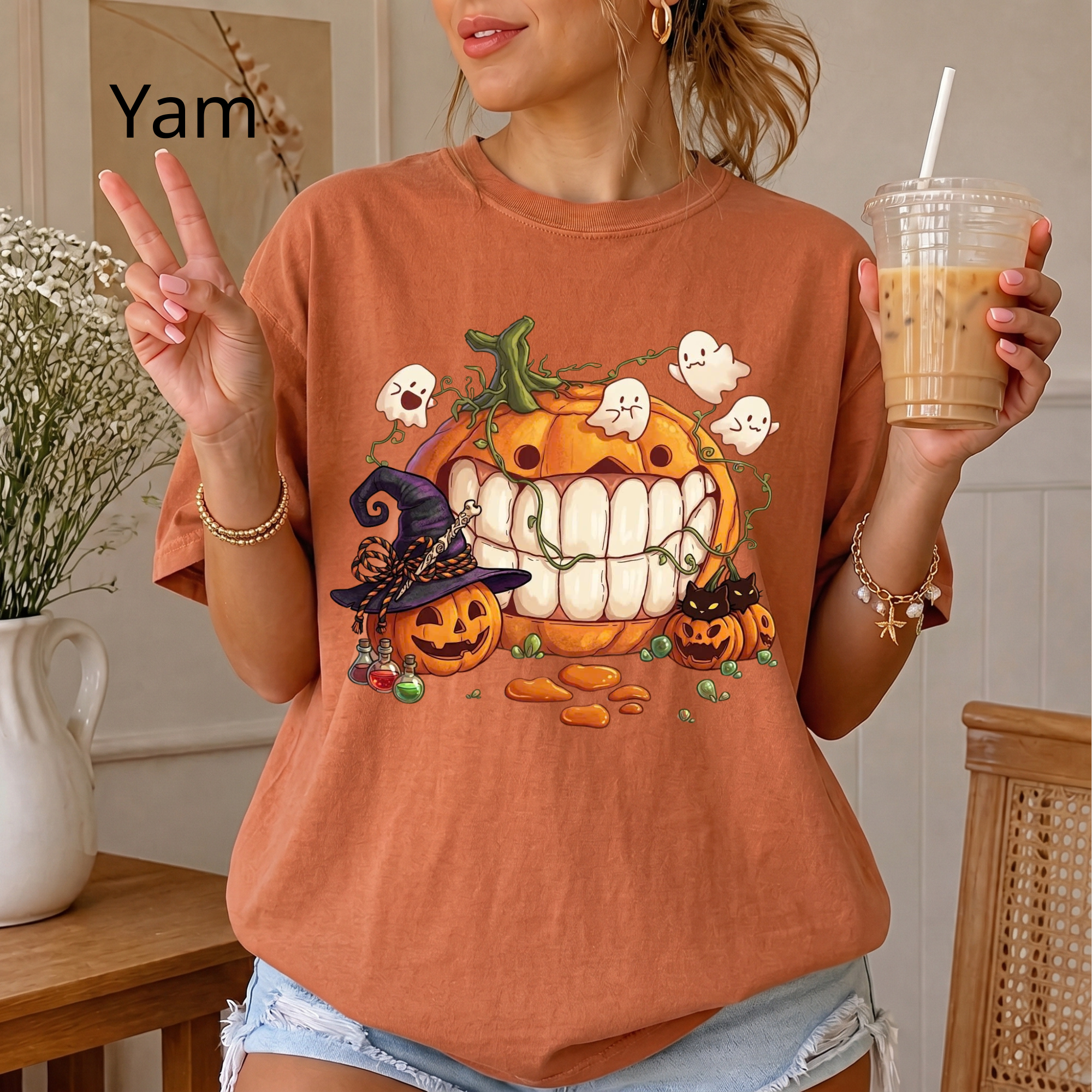 Halloween Pumpkin T-Shirt, Spooky Cute Ghost Graphic Tee, Funny Witch Hat Pumpkin Shirt, Retro Style Fall Festival T-Shirt, Cute Halloween Gift