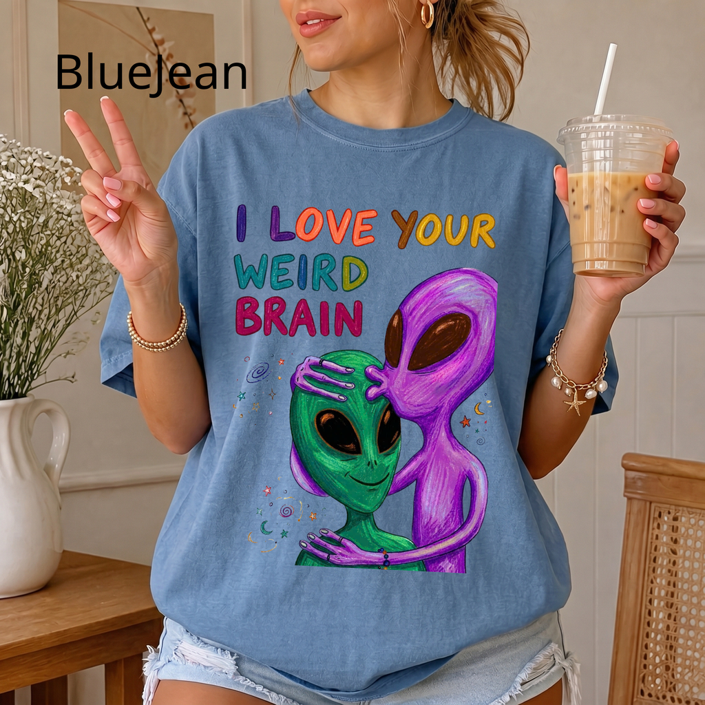 "I Love Your Weird Brain" Funny Alien Couple T-Shirt — Cute Retro Space Graphic Tee